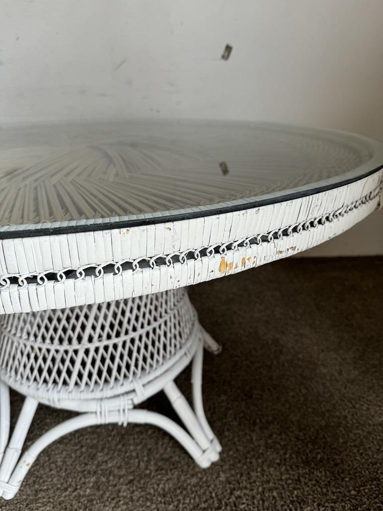Boho Chic Buri Rattan White Dining Table With Glass Top In Good Condition For Sale In Delray Beach, FL