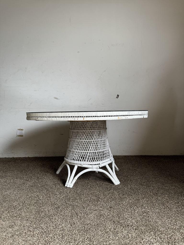 20th Century Boho Chic Buri Rattan White Dining Table With Glass Top For Sale