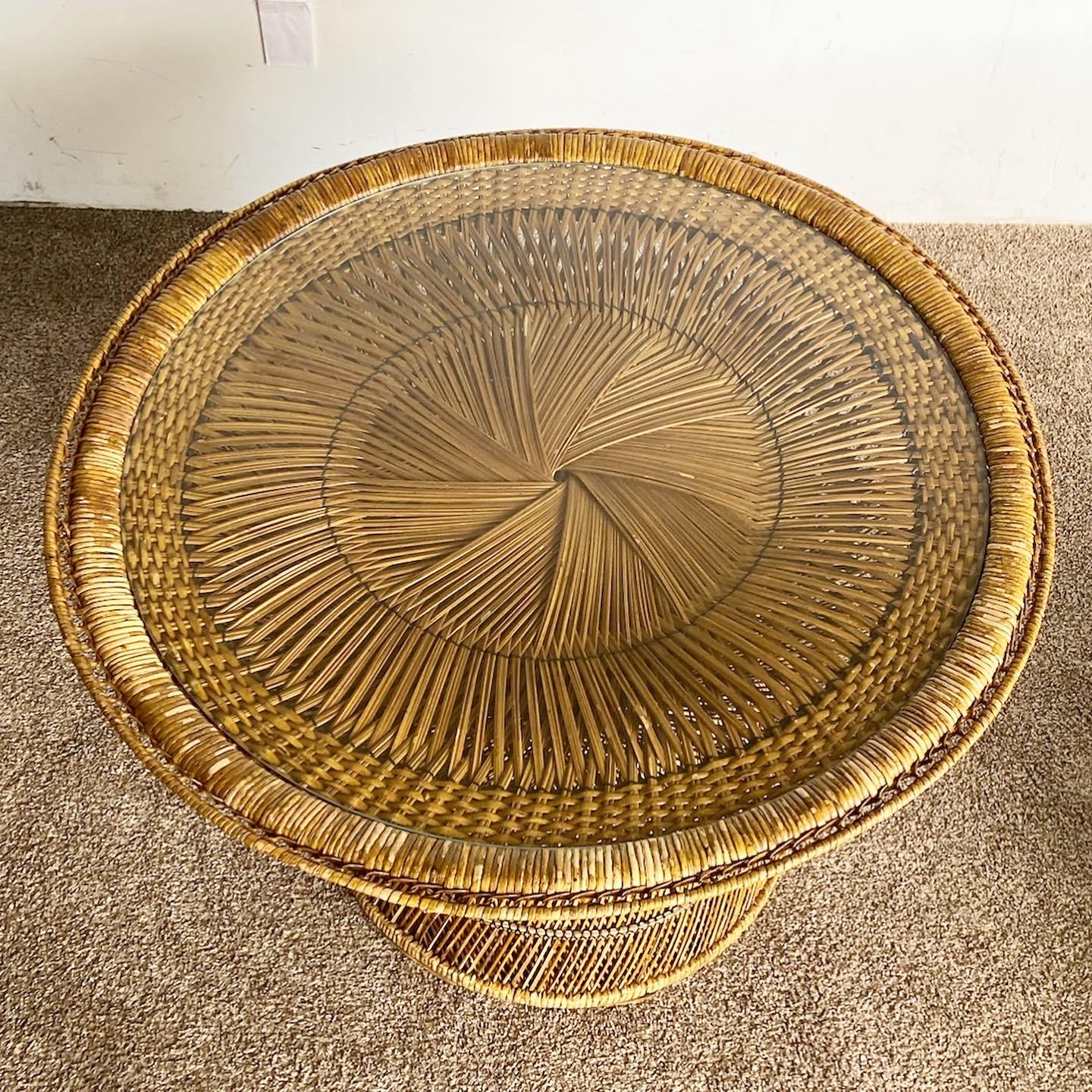 Bohemian Boho Chic Buri Rattan Woven Dining Table With Glass Top For Sale