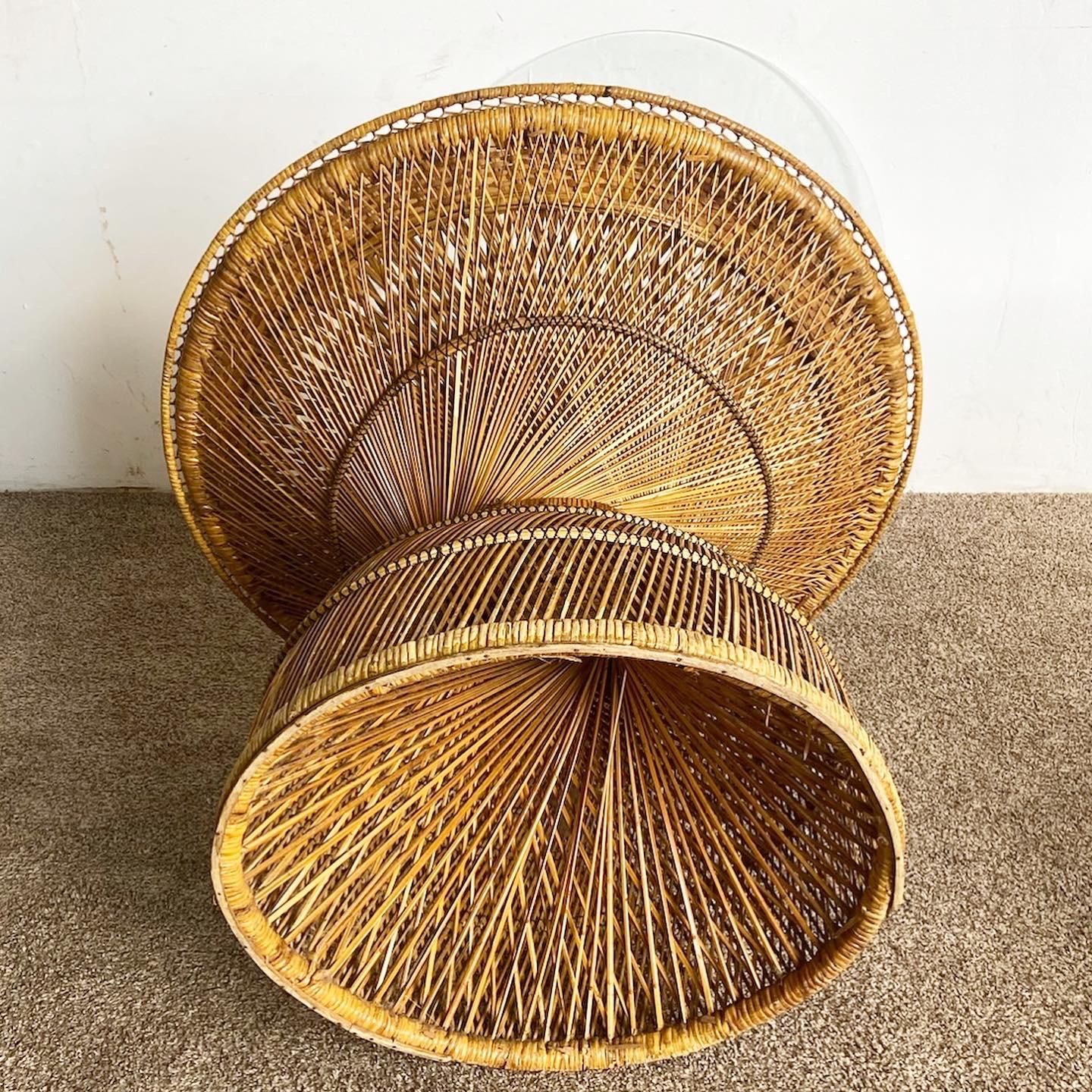 Boho Chic Buri Rattan Woven Dining Table With Glass Top For Sale 1