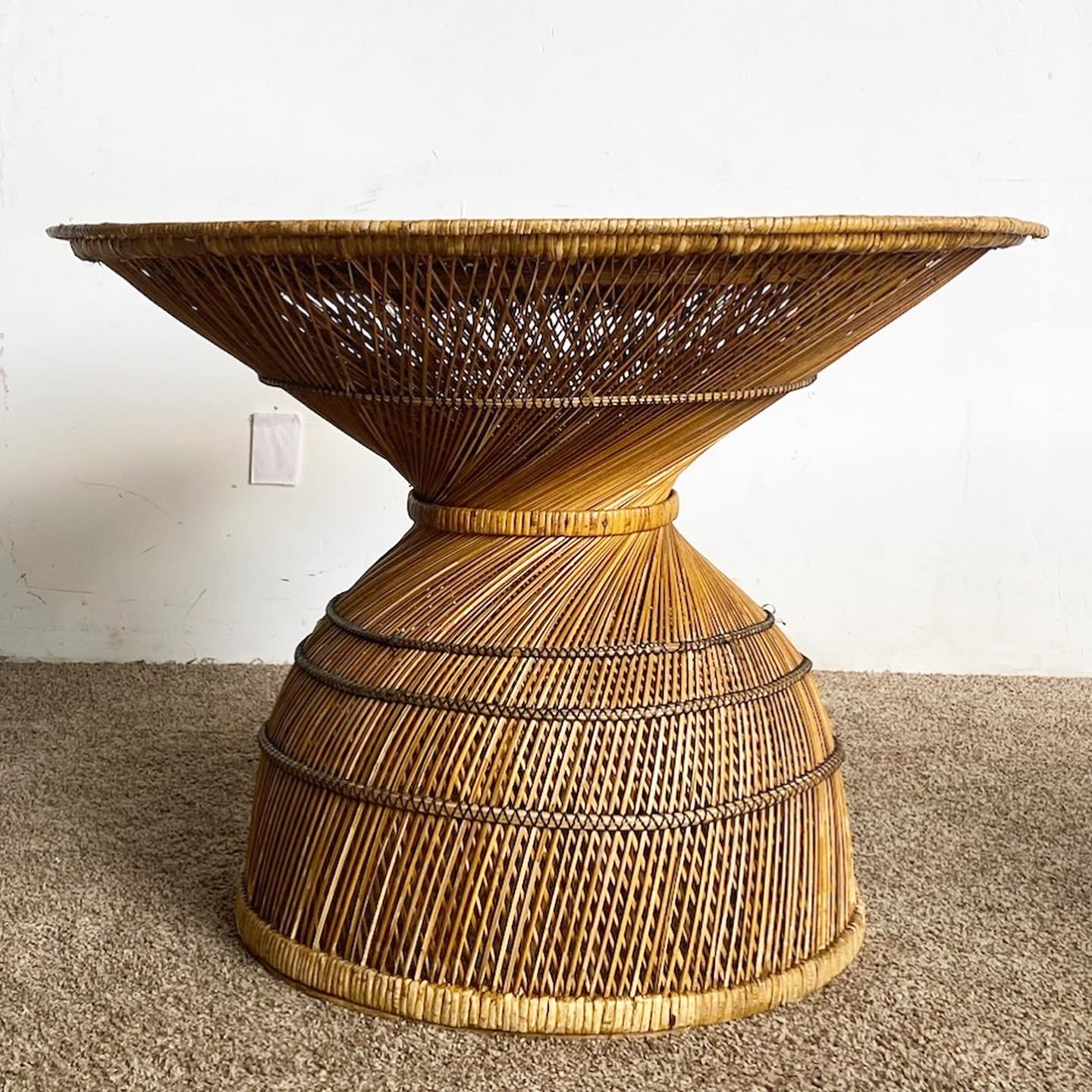 Boho Chic Buri Rattan Woven Dining Table With Glass Top For Sale 4