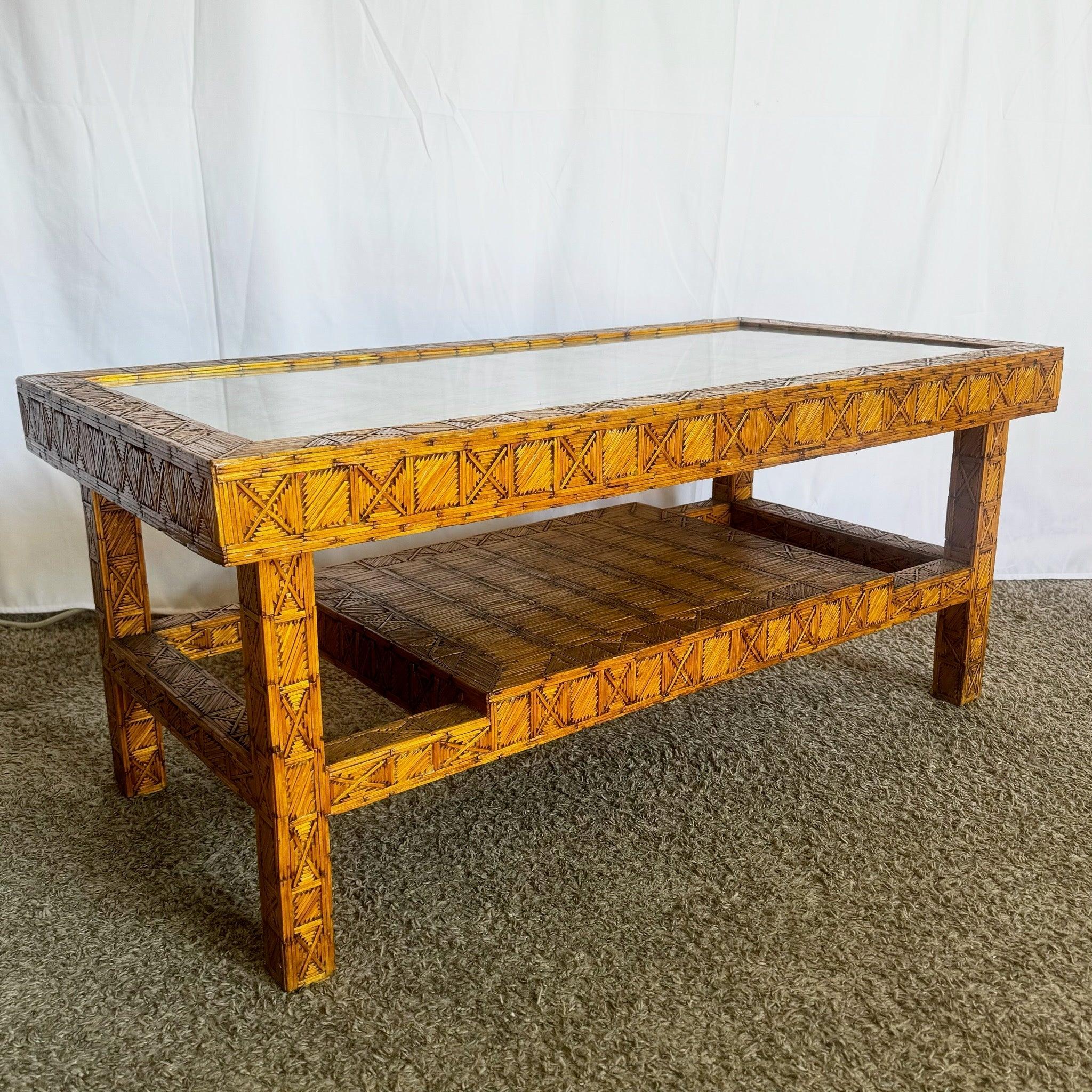 Table basse Boho Chic en bâtons d'allumettes brûlées Folk Art en vente 2