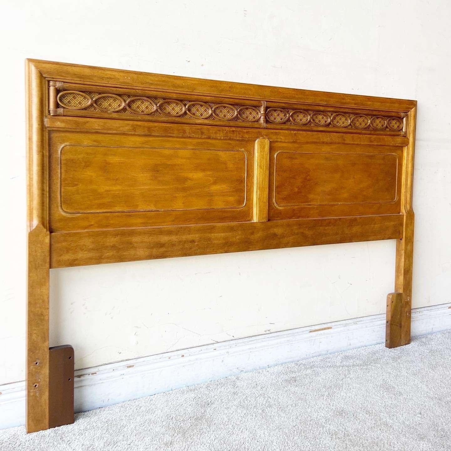 Exceptional vintage boho chic faux bamboo and rattan headboard by American of Martinsville. Features cane and reed accents.