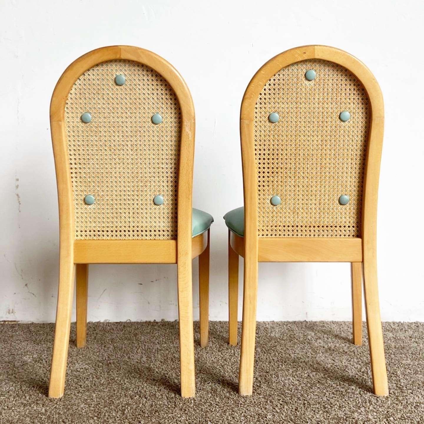 Mid-Century Modern Boho Chic Cane Back Blue Tufted Vinyl Dining Chairs - Set of 4 For Sale