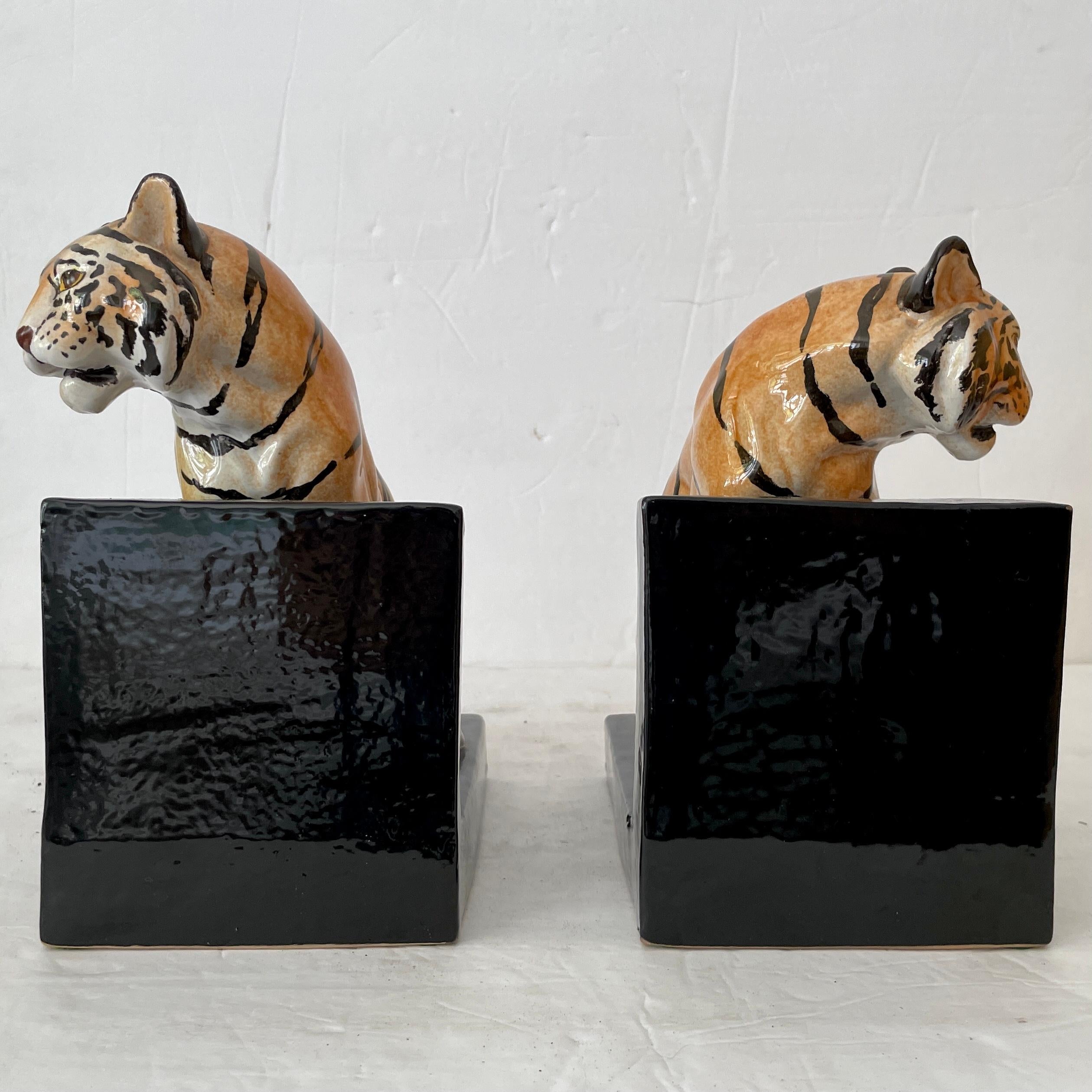 Fabulous pair of Boho Chic ceramic tigers bookends made in Italy in the 1960s. Great addition to your studio and etageres.