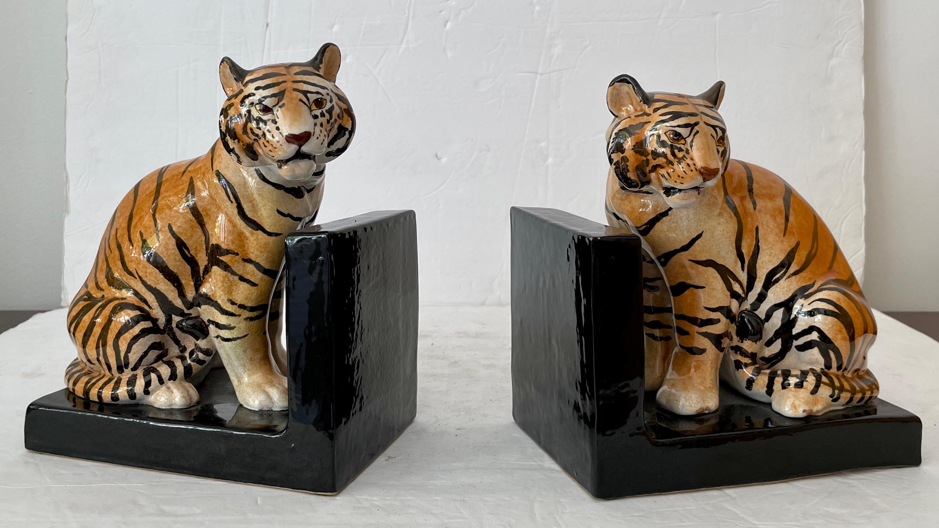Modern Boho Chic Ceramic Tiger Bookends, a Pair