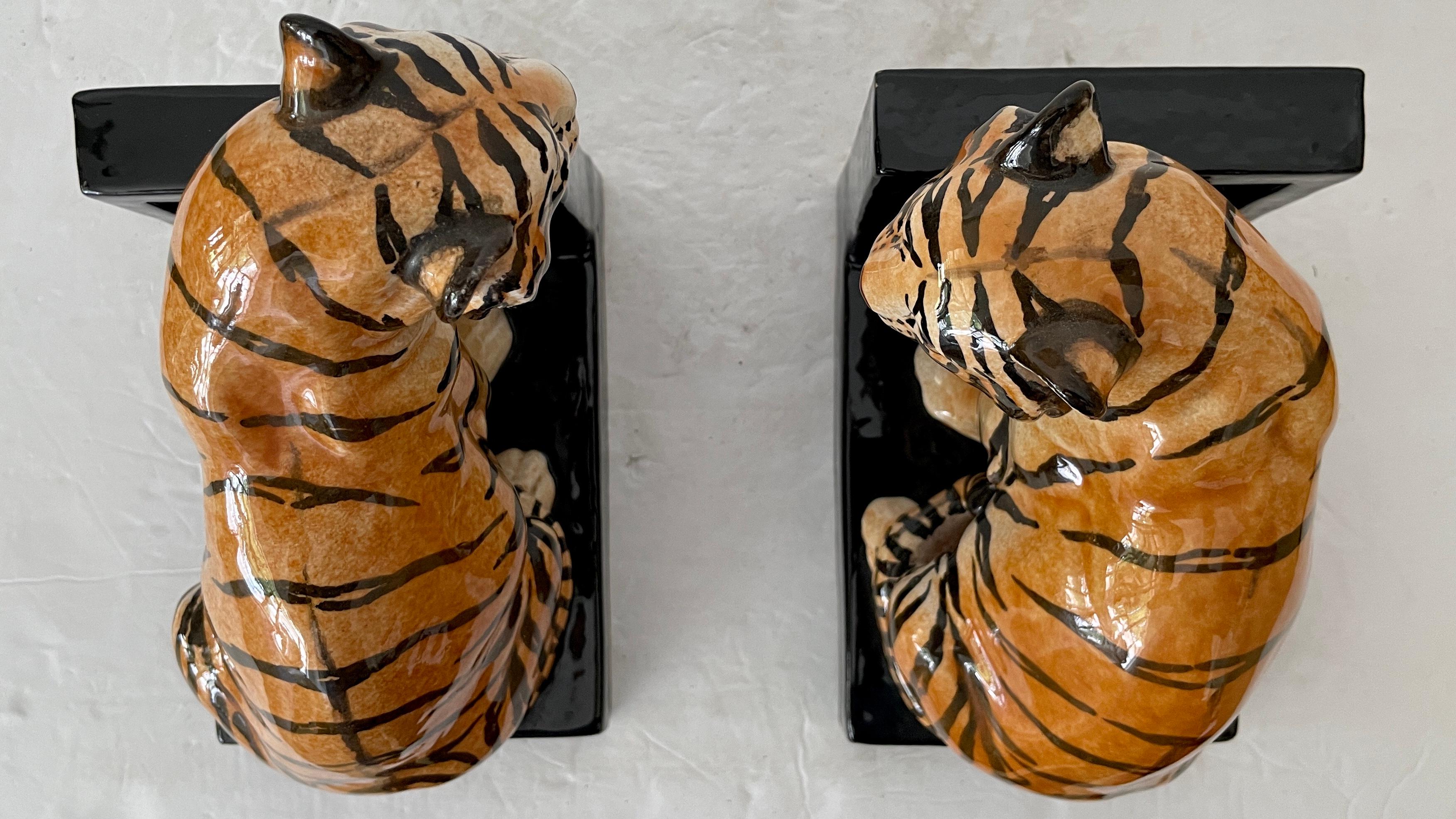 Italian Boho Chic Ceramic Tiger Bookends, a Pair