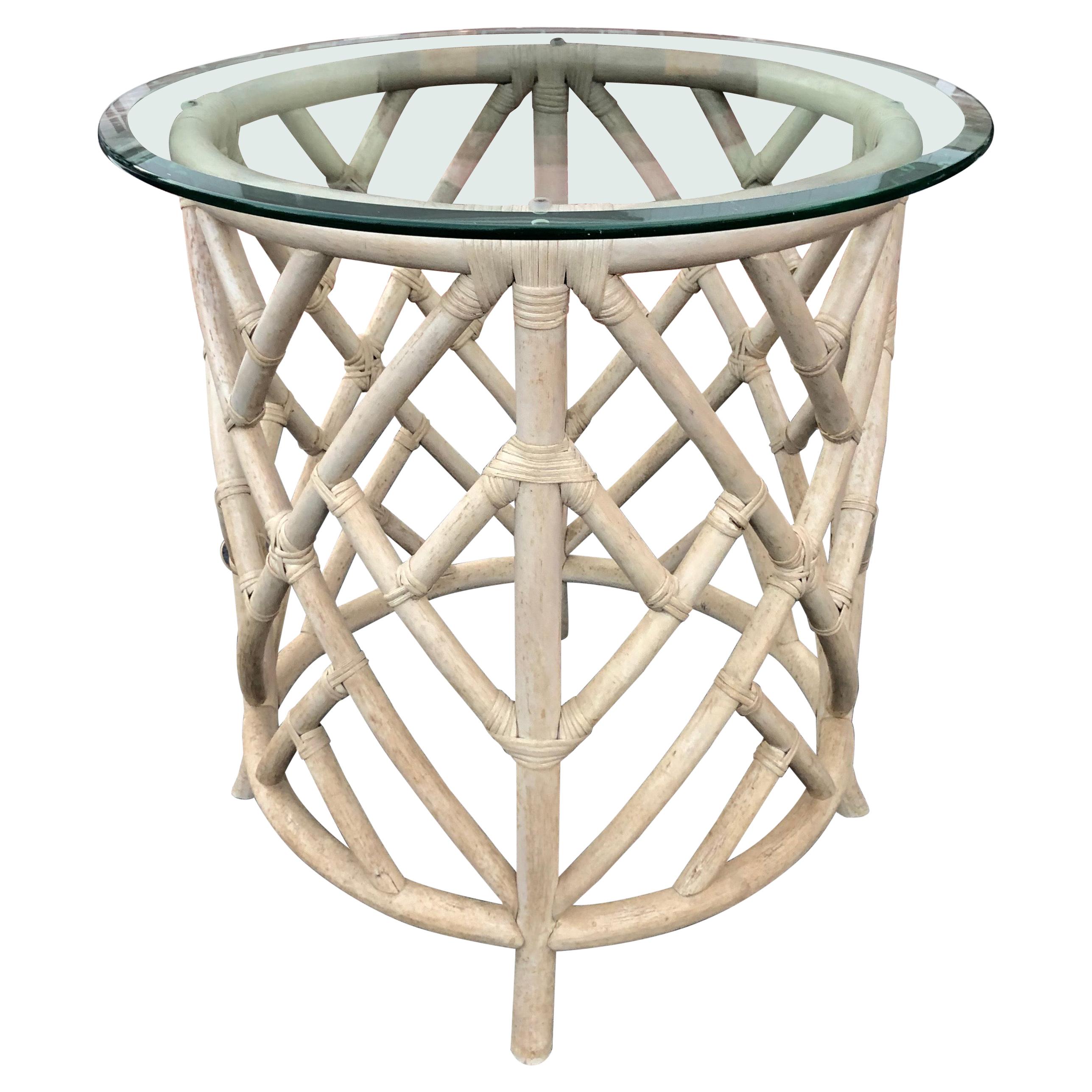 Boho Chic Chinoiserie Round Rattan Dining Table Base For Sale