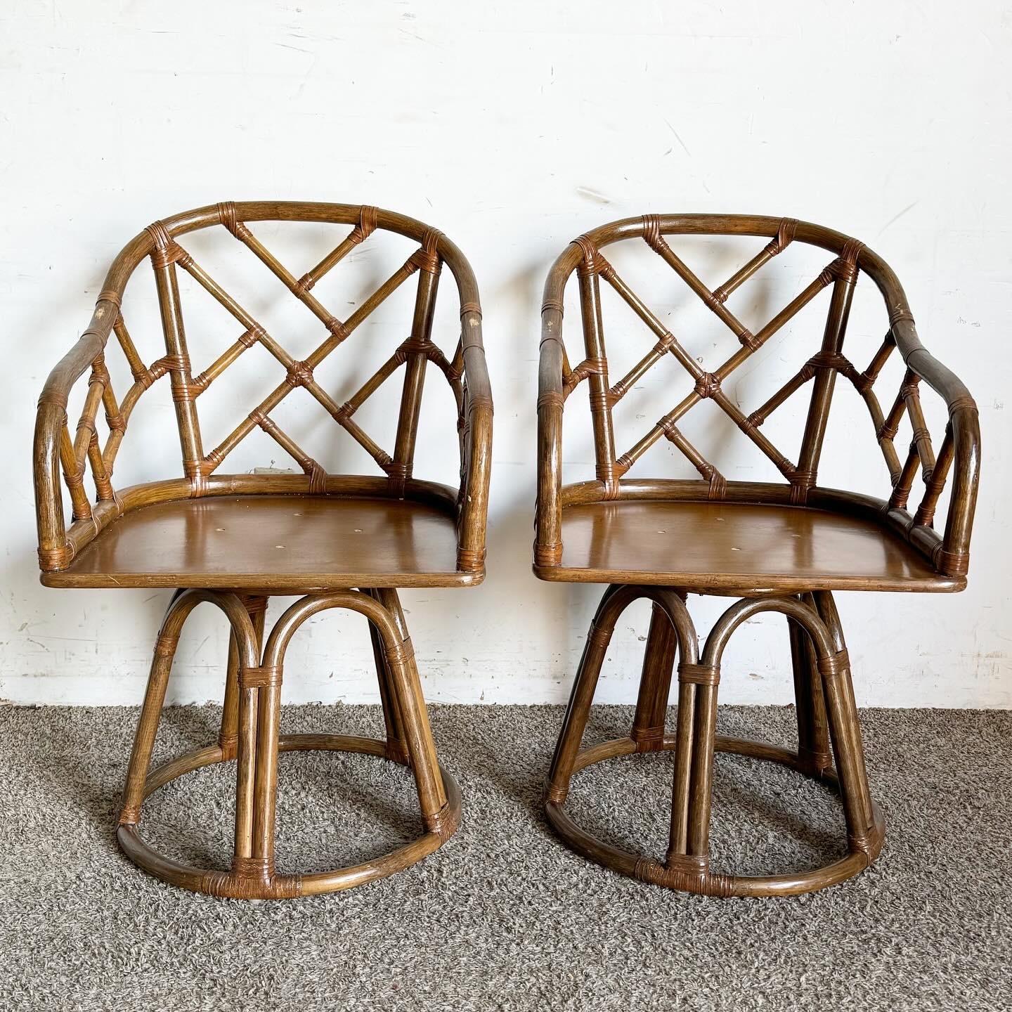 Unknown Boho Chic Chippendale Style Bamboo Rattan Swivel Arm Dining Chairs - Set of 4