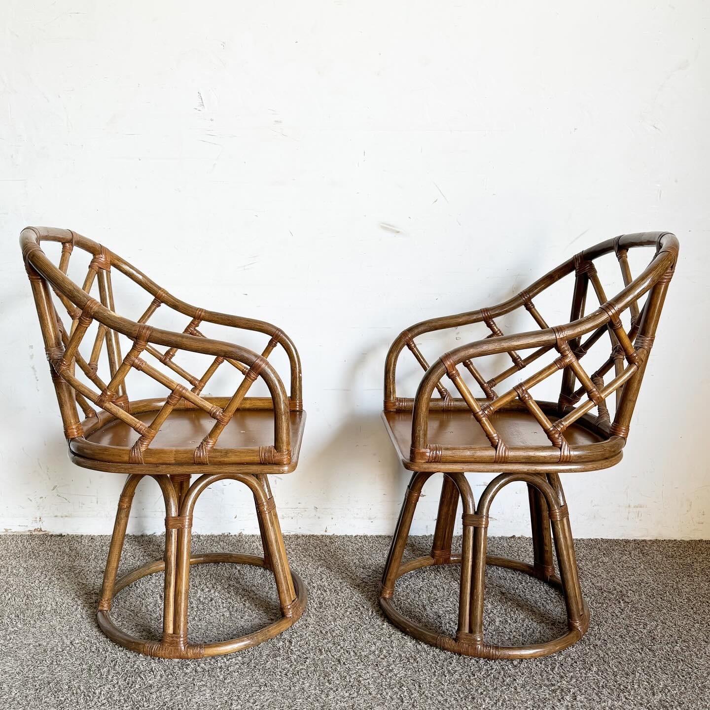 Boho Chic Chippendale Style Bamboo Rattan Swivel Arm Dining Chairs - Set of 4 3