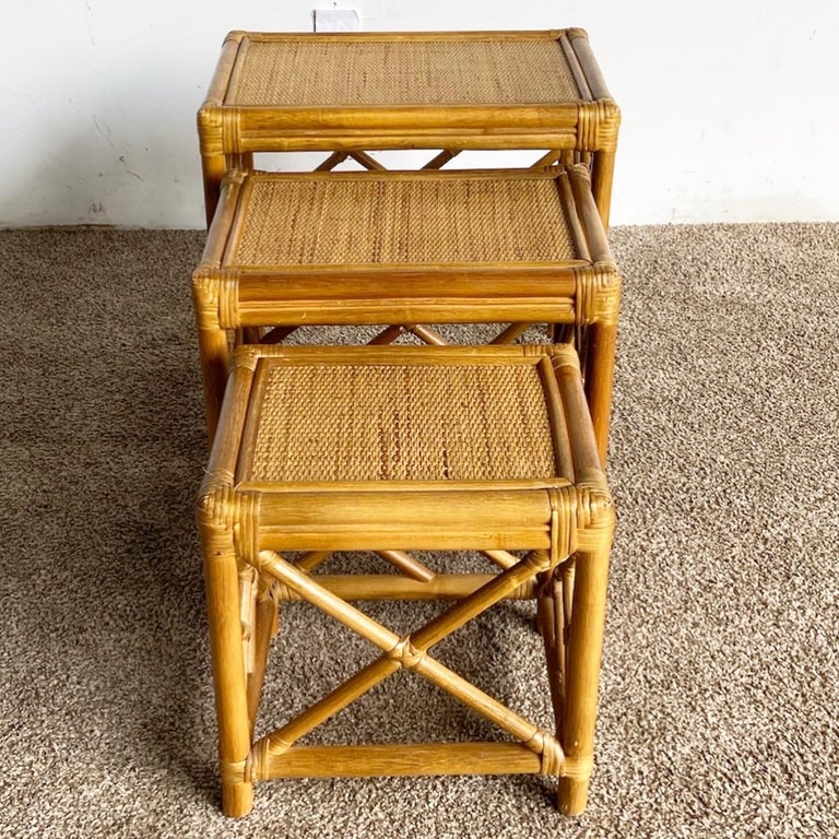 Boho Chic Chippendale Bamboo Rattan and Wicker Nesting Tables Set of