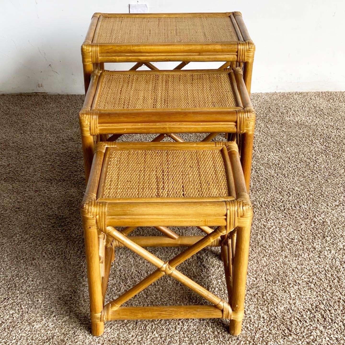 Boho Chic Chippendale Bamboo Rattan and Wicker Nesting Tables - Set of 3 In Good Condition For Sale In Delray Beach, FL
