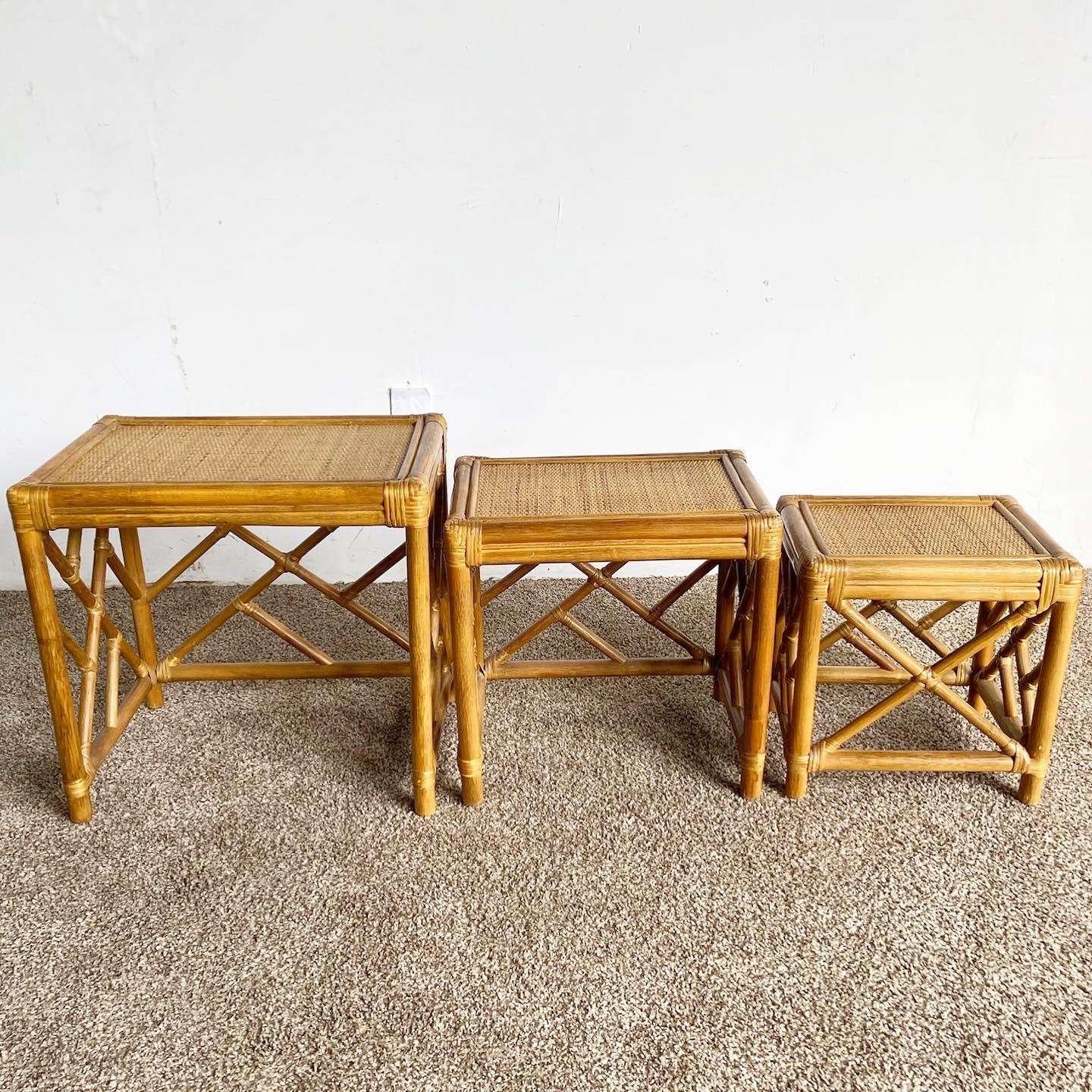 Late 20th Century Boho Chic Chippendale Bamboo Rattan and Wicker Nesting Tables - Set of 3 For Sale