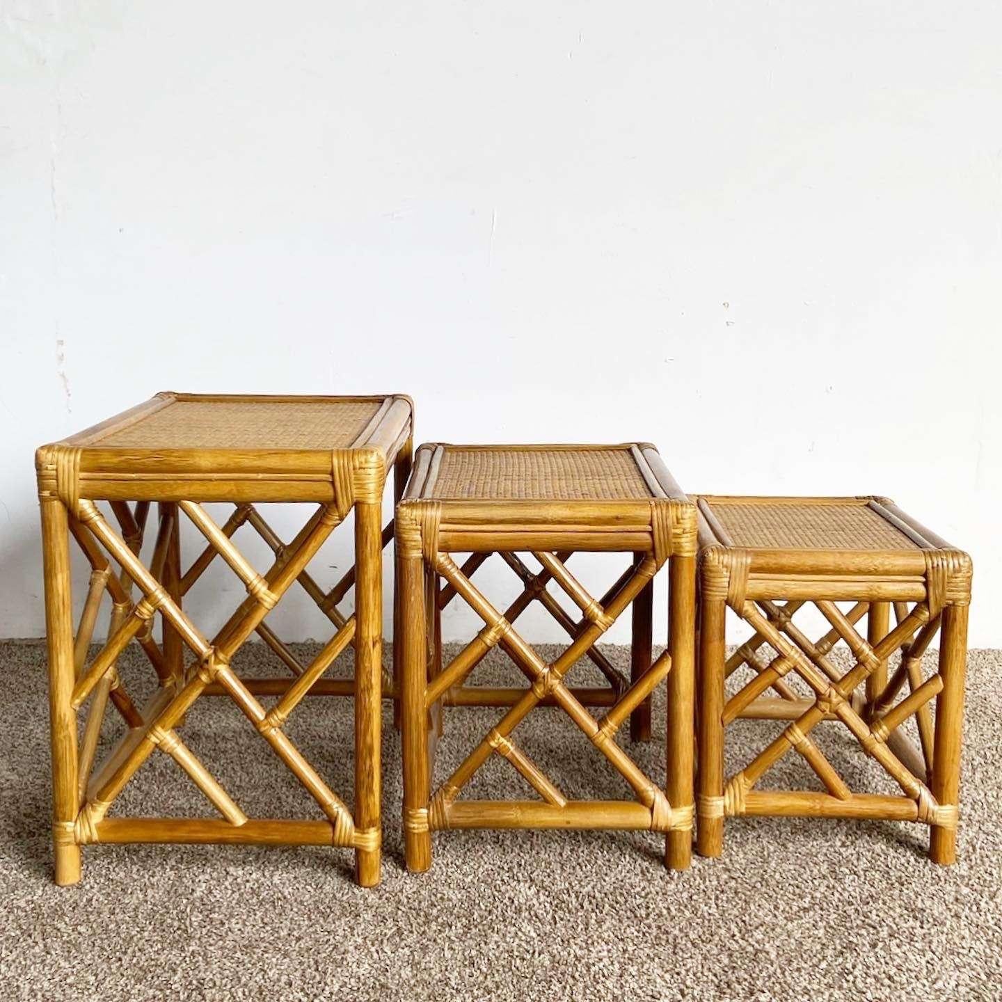 Late 20th Century Boho Chic Chippendale Bamboo Rattan and Wicker Nesting Tables - Set of 3 For Sale
