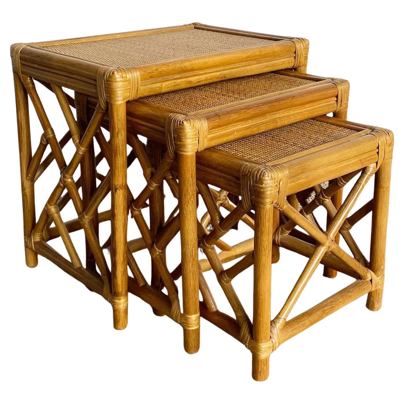 Boho Chic Chippendale Bamboo Rattan and Wicker Nesting Tables - Set of 3 For Sale