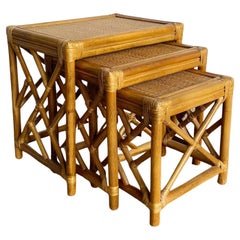 Vintage Boho Chic Chippendale Bamboo Rattan and Wicker Nesting Tables - Set of 3