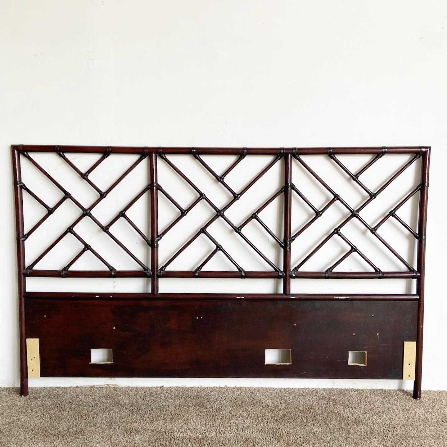 Boho Chic Chippendale Style Bamboo Rattan King Size Headboard For Sale