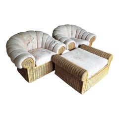 Boho Chic Clam Shell Wicker Lounge Chairs With Ottoman - 3 Pieces