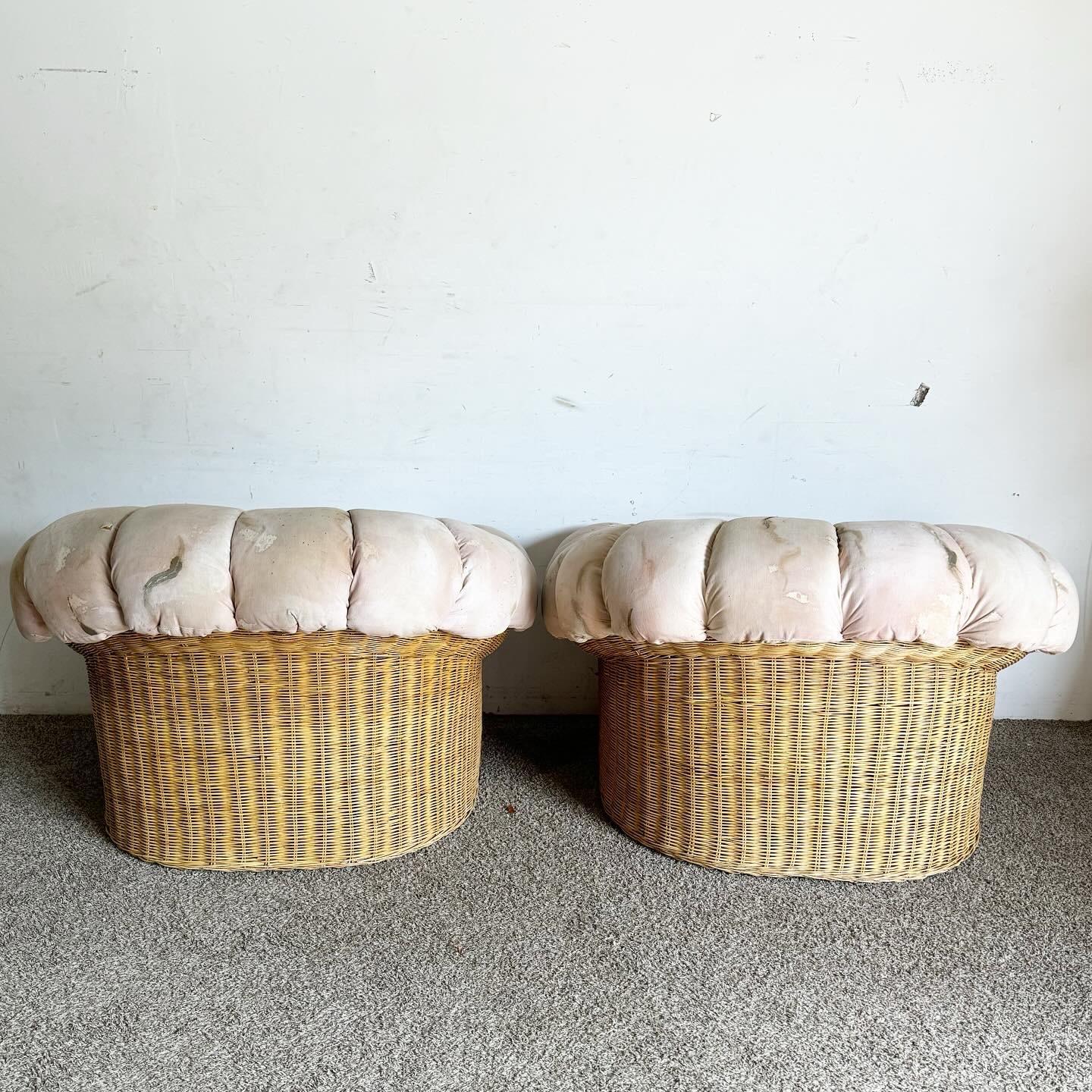 Boho Chic Clam Shell Wicker Lounge Chairs With Ottoman - 3 Pieces In Good Condition In Delray Beach, FL