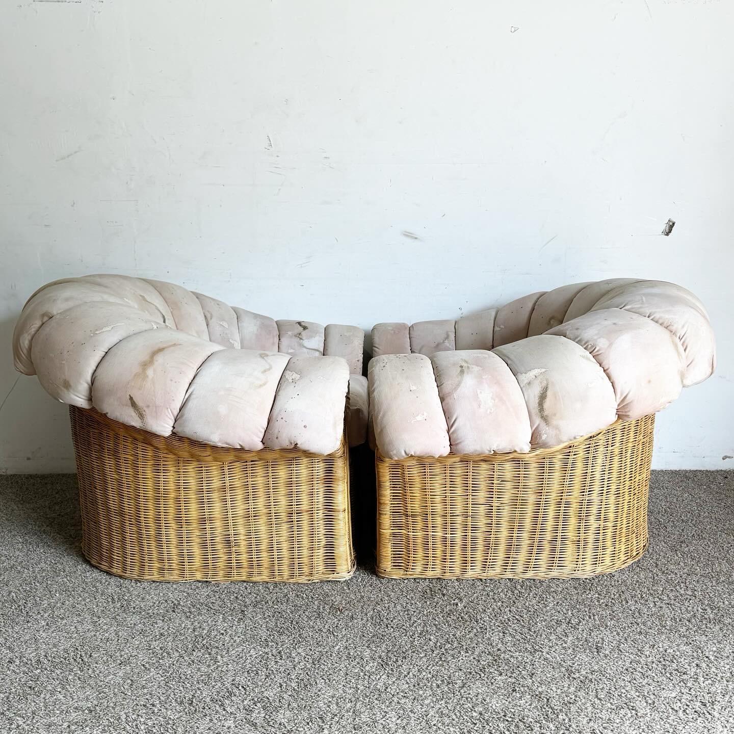 Boho Chic Clam Shell Wicker Lounge Chairs With Ottoman - 3 Pieces 2