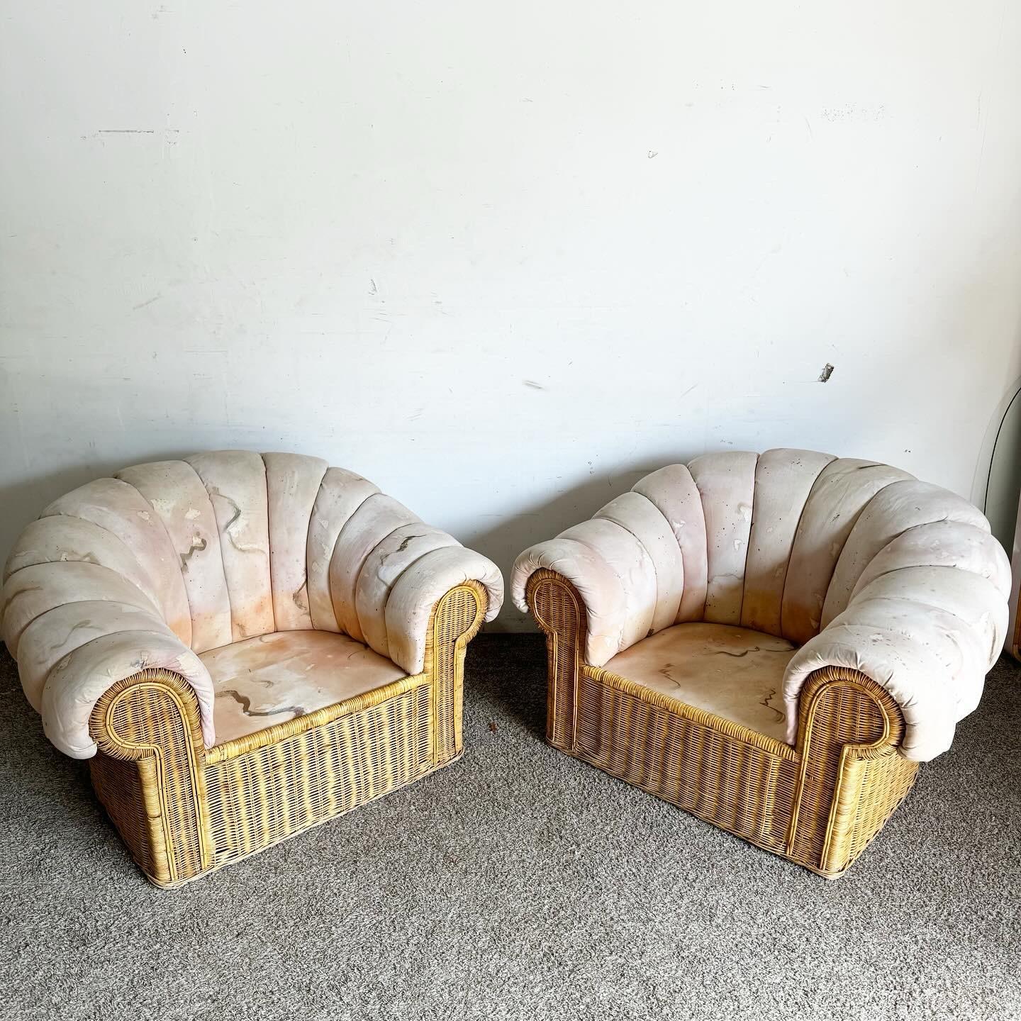 Boho Chic Clam Shell Wicker Lounge Chairs With Ottoman - 3 Pieces 3