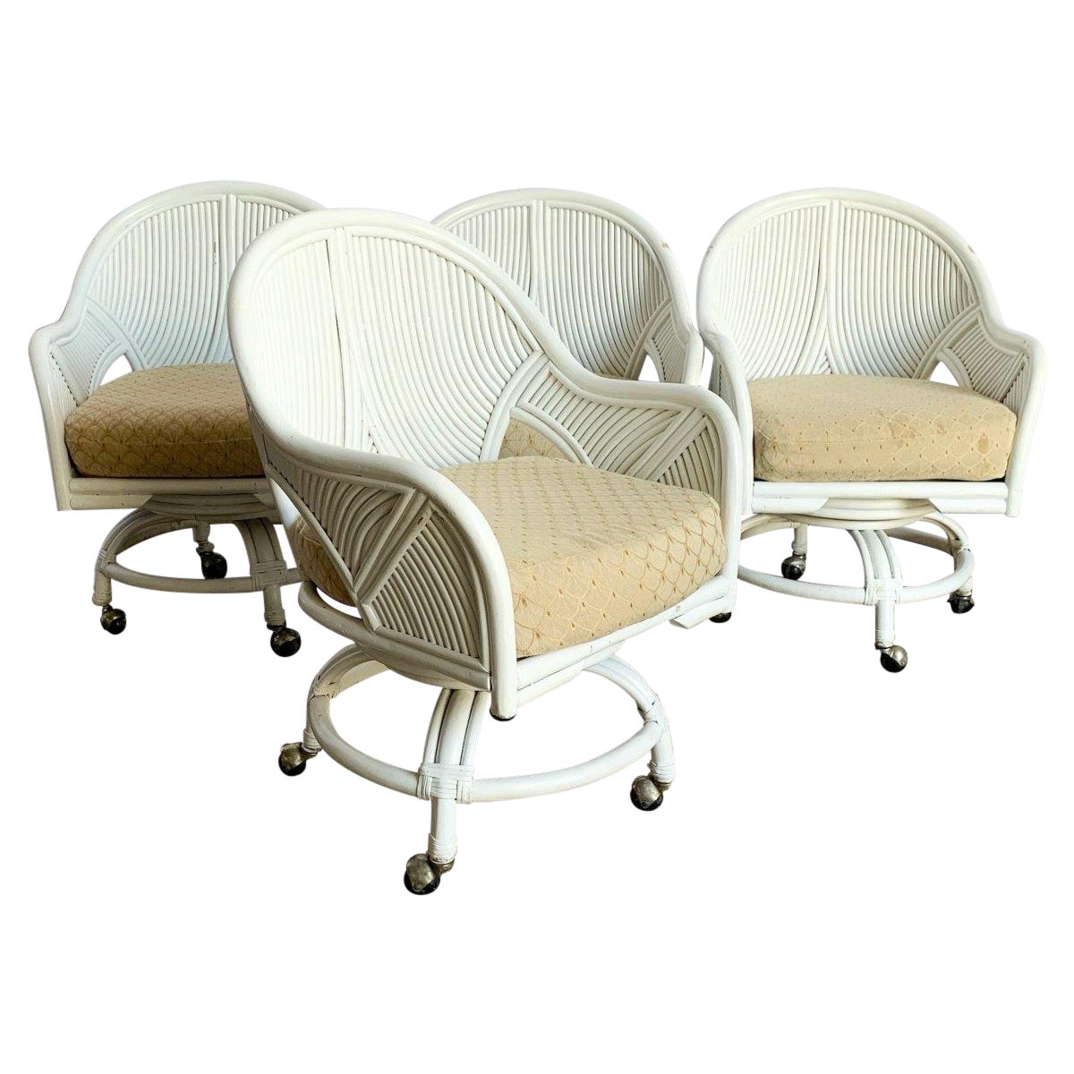 Boho Chic Coastal Rattan Dining Arm Swivel Chairs on Casters - Set of 4 For Sale