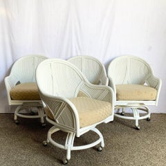 Boho Chic Coastal Rattan Dining Arm Swivel Chairs on Casters - Set of 4
