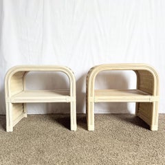 Boho Chic Coastal Rattan Wicker Waterfall Side Tables/Nightstands - A Pair