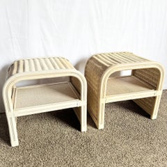 Boho Chic Coastal Rattan Wicker Waterfall Side Tables/Nightstands - A Pair