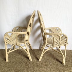Boho Chic Coastal Sculpted Palm Frond Rattan Dining Arm Chairs - Set of 4