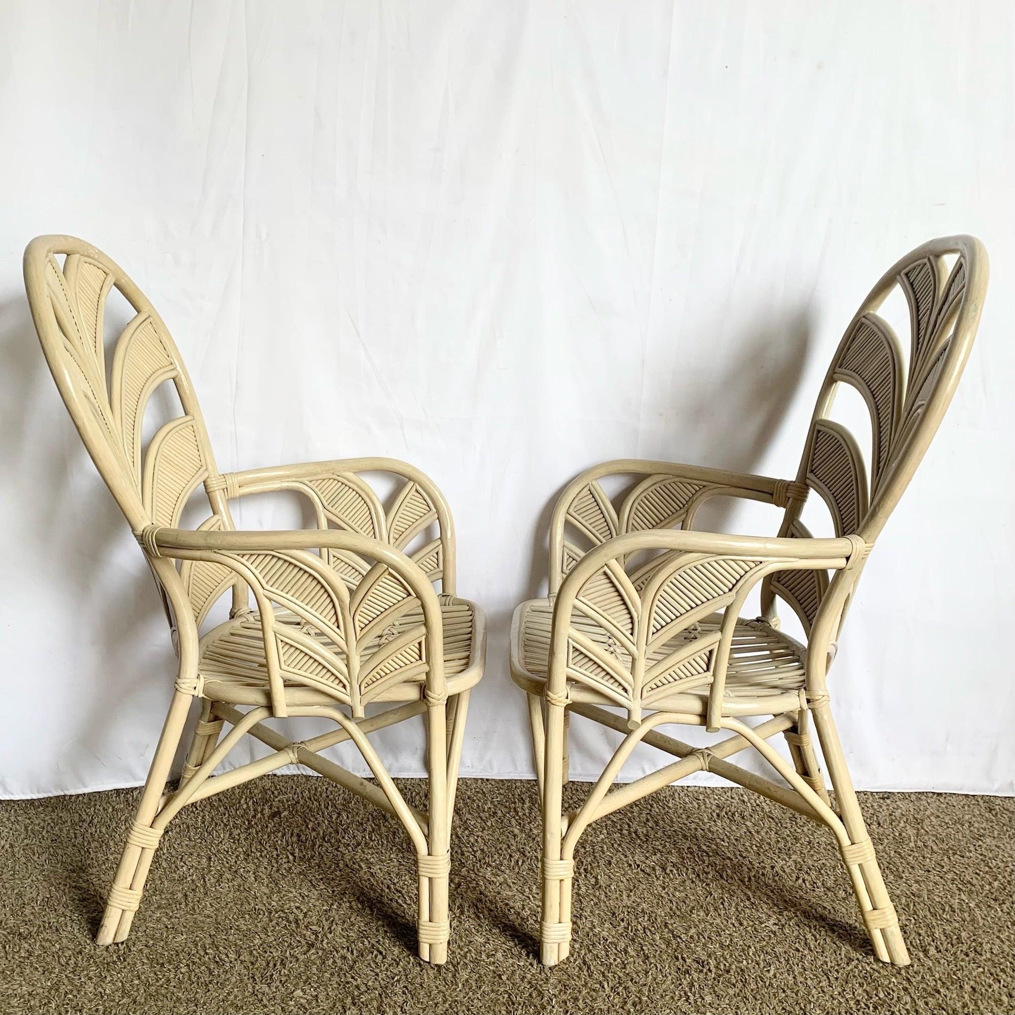 Philippine Boho Chic Coastal Sculpted Palm Frond Rattan Dining Arm Chairs - Set of 4 For Sale