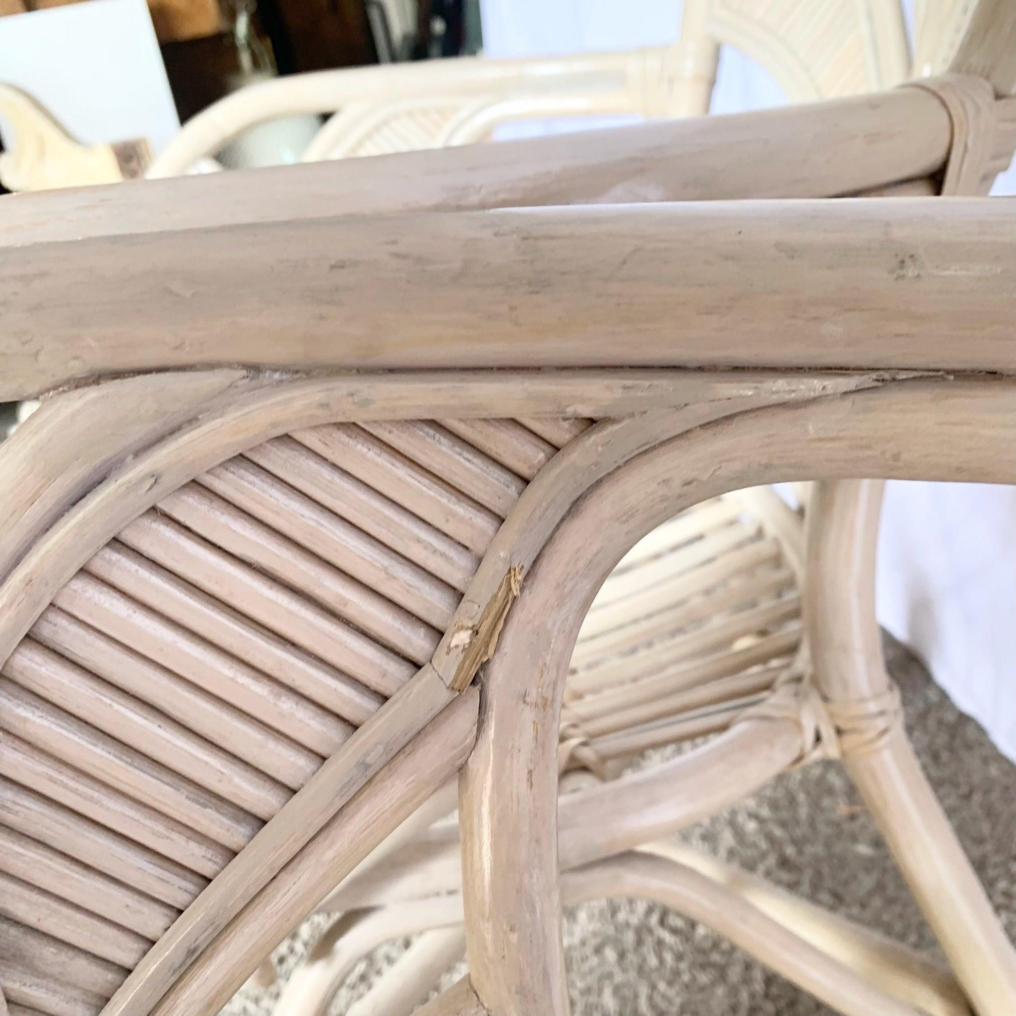 Boho Chic Coastal Sculpted Palm Frond Rattan Dining Arm Chairs - Set of 4 In Good Condition For Sale In Delray Beach, FL