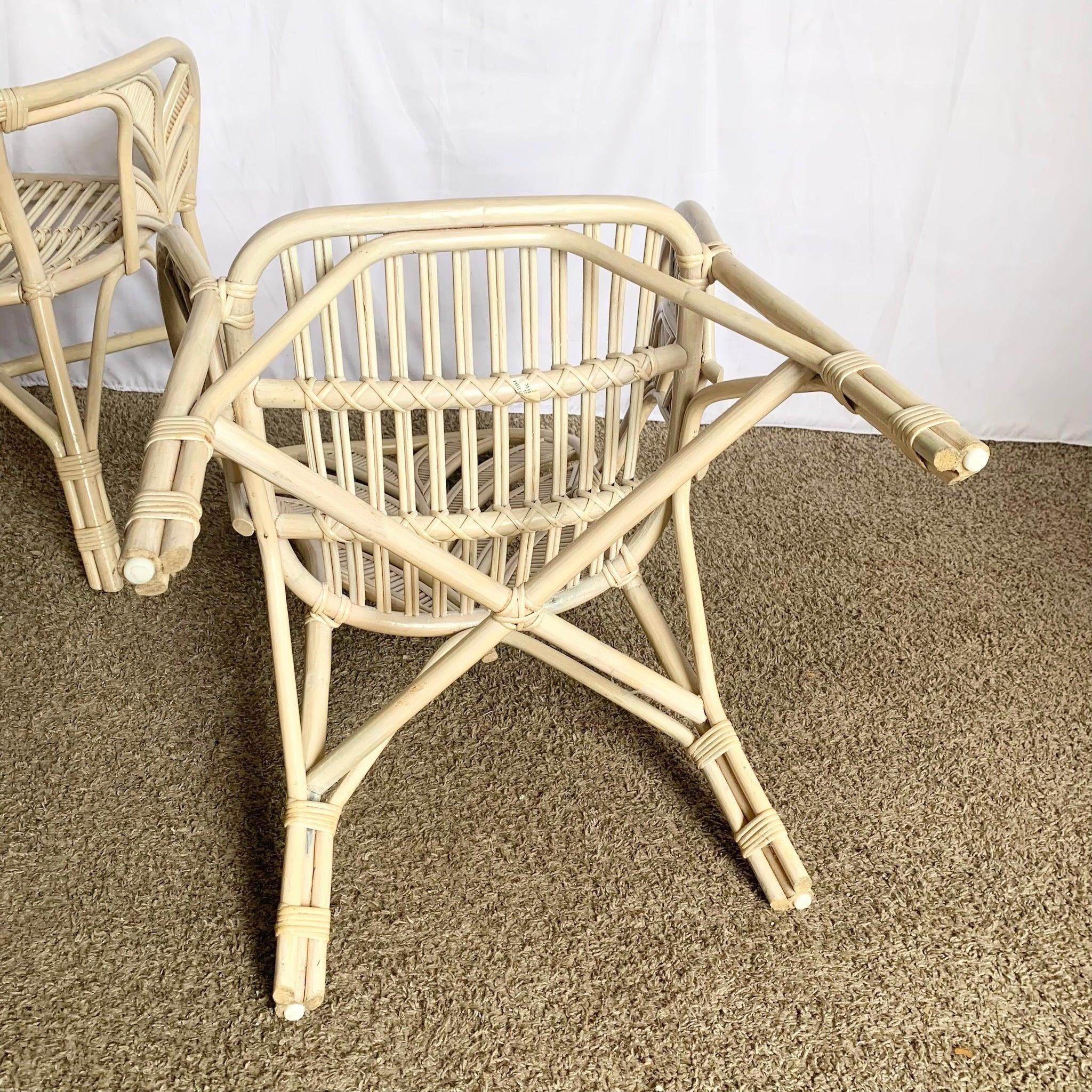 20th Century Boho Chic Coastal Sculpted Palm Frond Rattan Dining Arm Chairs - Set of 4 For Sale