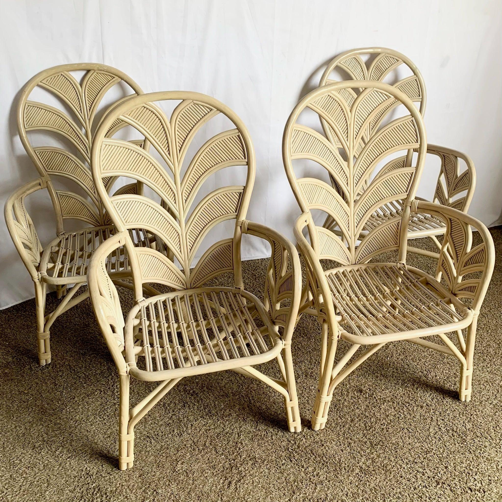 Boho Chic Coastal Sculpted Palm Frond Rattan Dining Arm Chairs - Set of 4 For Sale 2