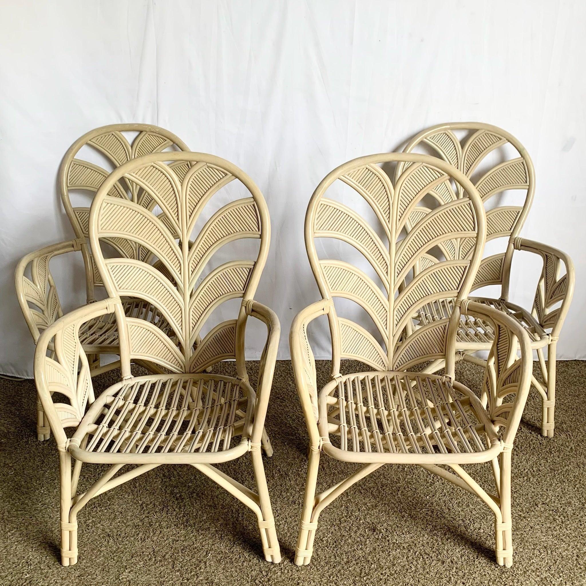 Boho Chic Coastal Sculpted Palm Frond Rattan Dining Arm Chairs - Set of 4 For Sale 3