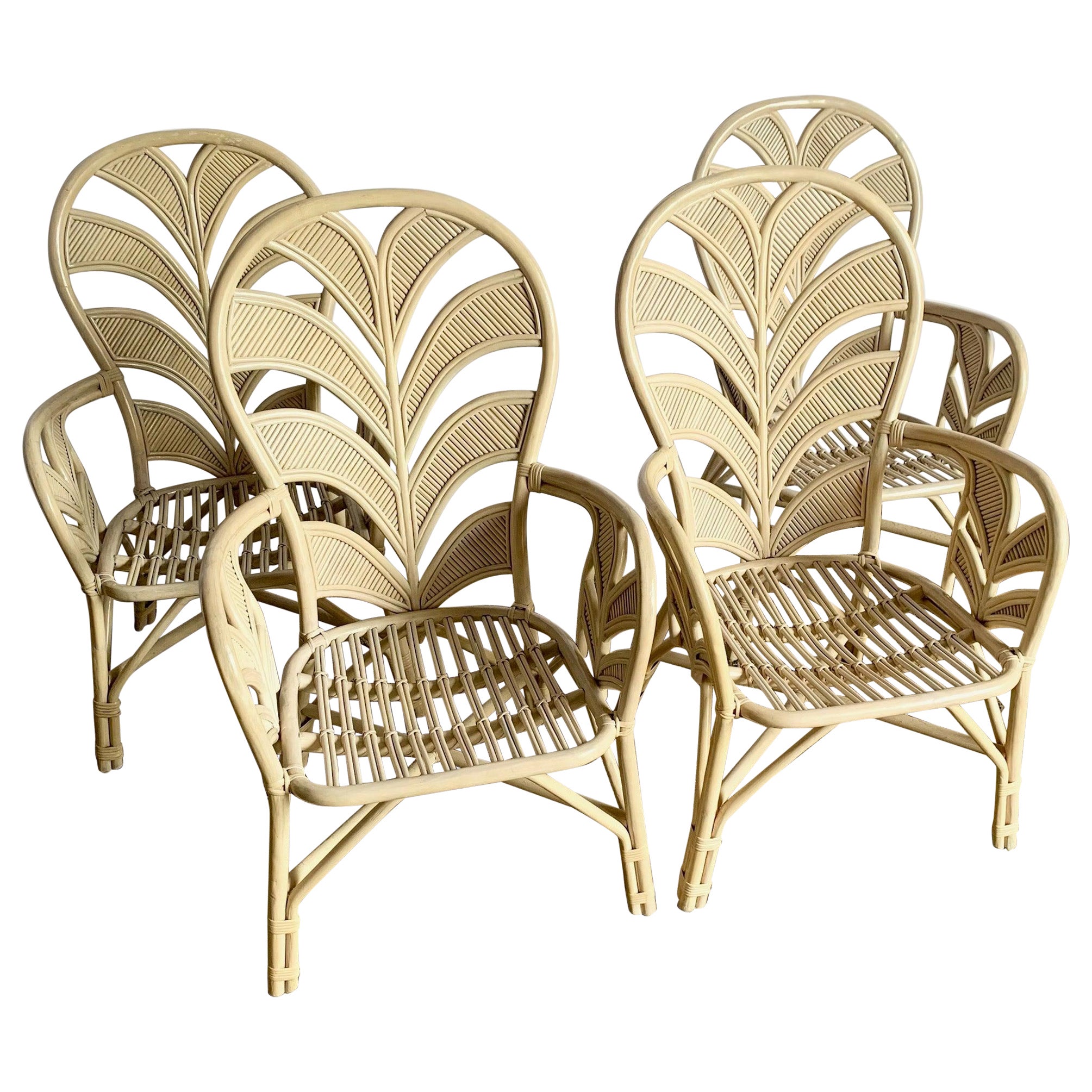 Boho Chic Coastal Sculpted Palm Frond Rattan Dining Arm Chairs - Set of 4