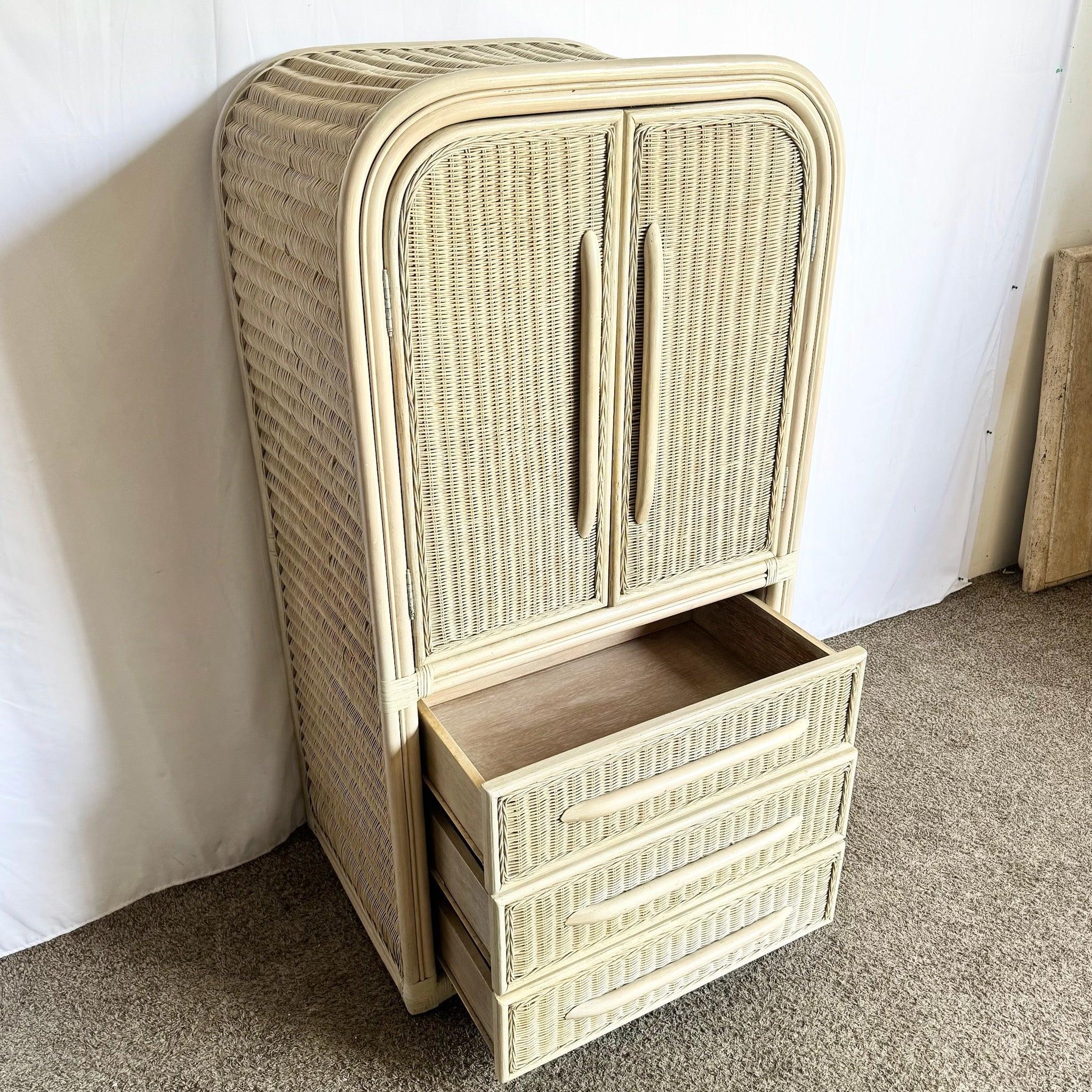 Boho Chic Coastal Wicker Rattan Waterfall Armoire In Good Condition For Sale In Delray Beach, FL