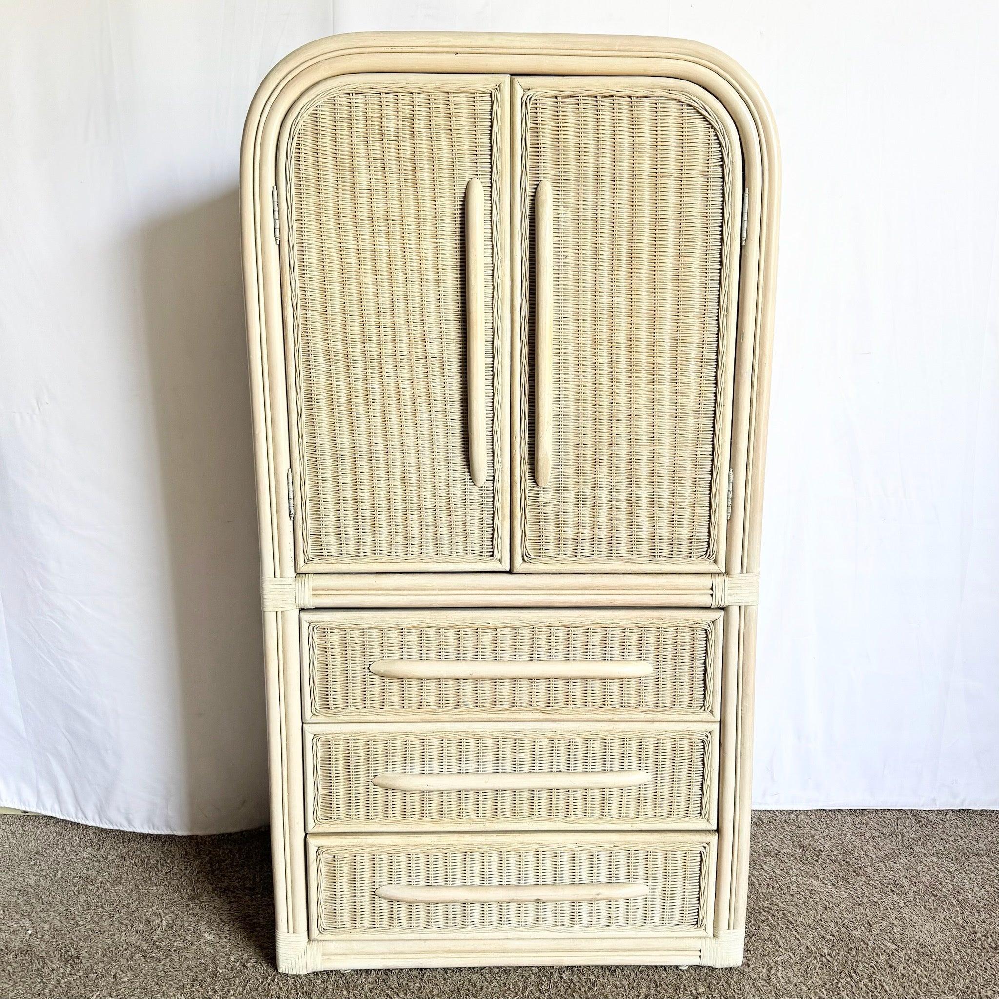 Late 20th Century Boho Chic Coastal Wicker Rattan Waterfall Armoire For Sale