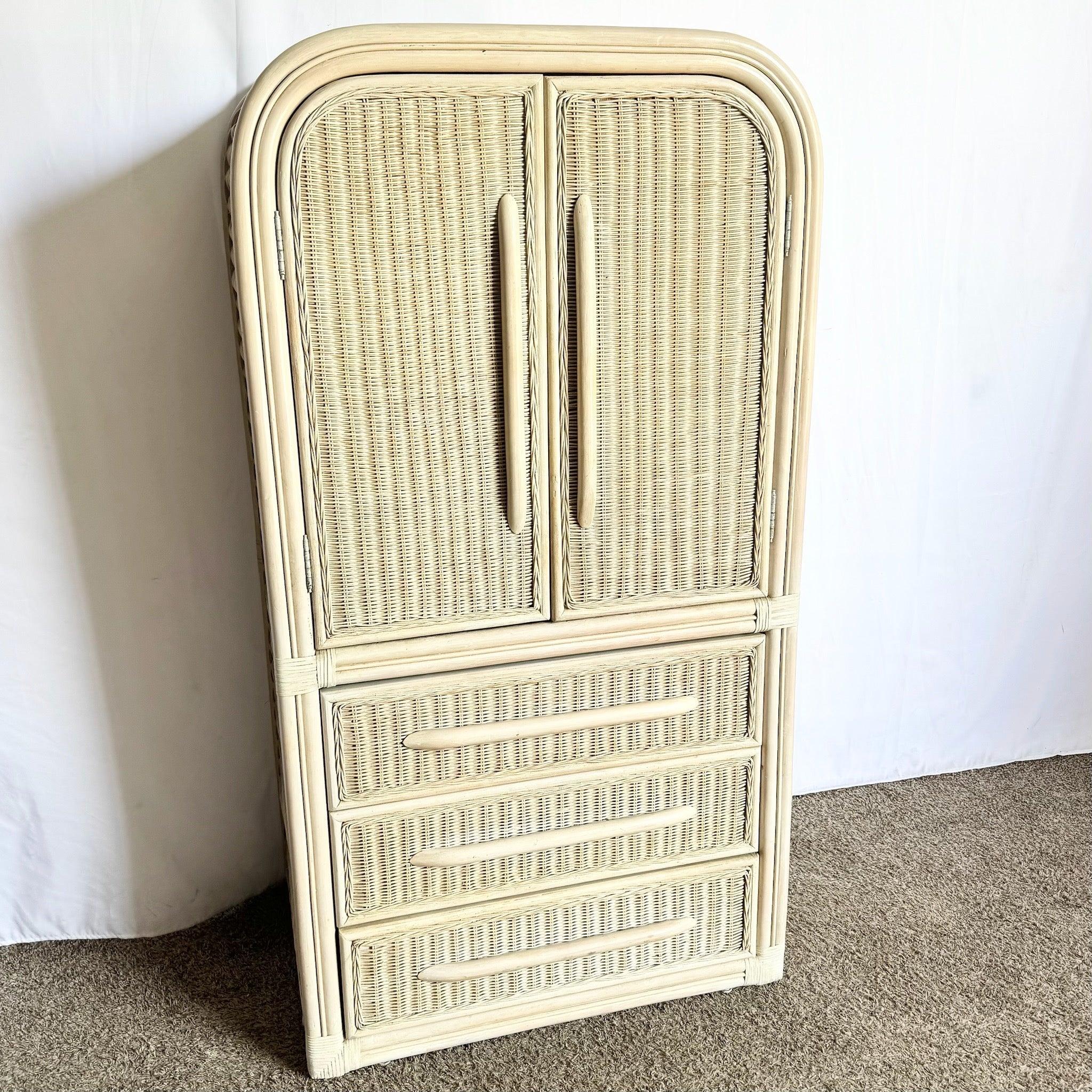Boho Chic Coastal Wicker Rattan Waterfall Armoire For Sale