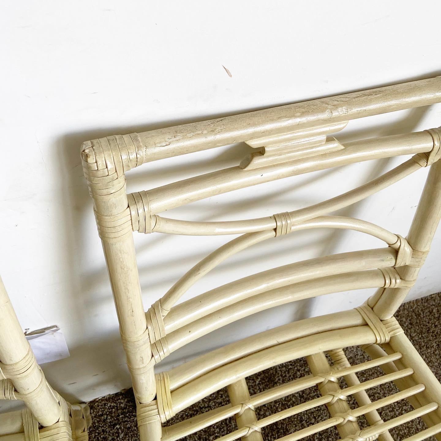 Late 20th Century Boho Chic Cream Bamboo Rattan Dining Chairs For Sale