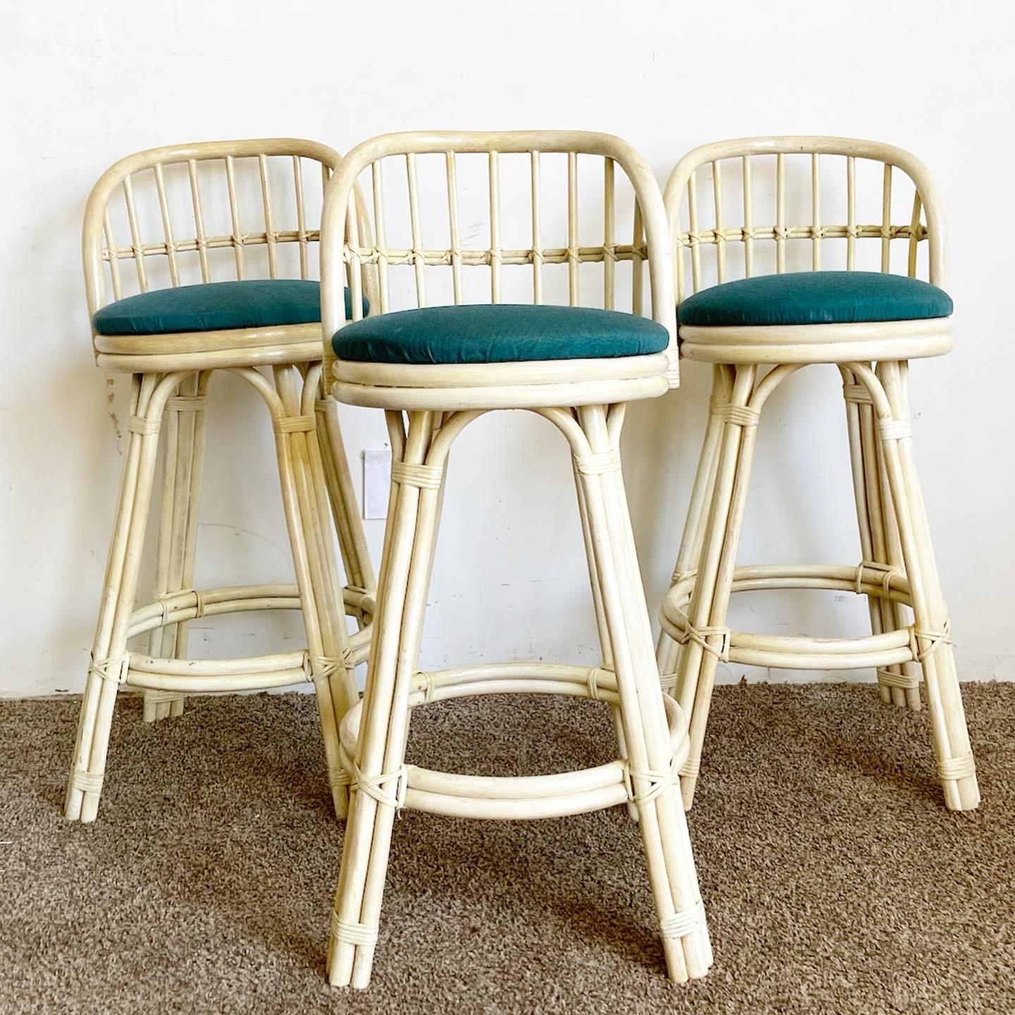 Transform your space with the Boho Chic Cream Finish Bamboo Bar Stools - a set of three. These stylish stools infuse any home bar or kitchen with an airy, bohemian charm.

Boho Chic Style: These stools exude a bohemian charm, effortlessly enhancing