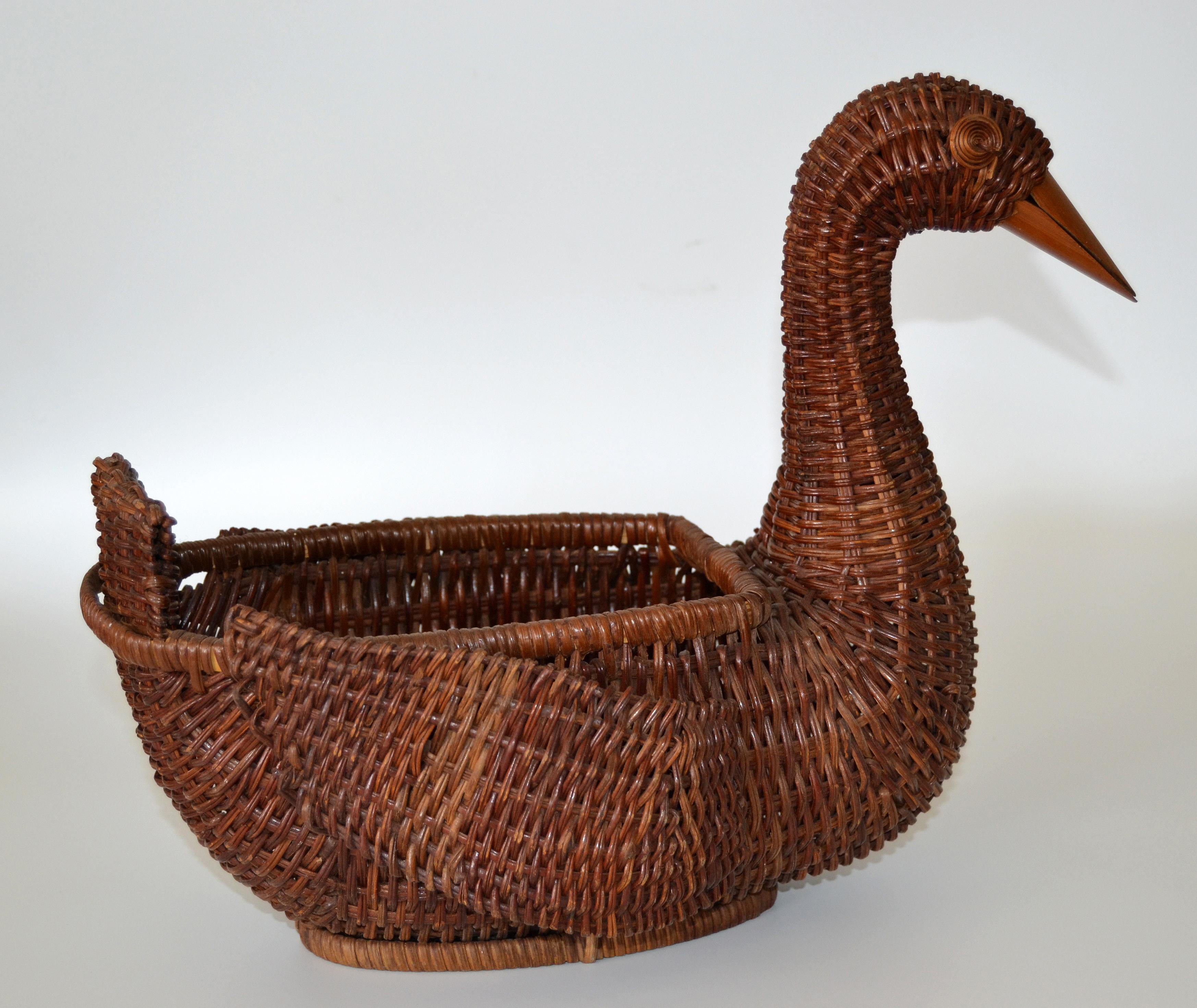 20th Century Boho Chic Decorative Handcrafted Woven Reed Brown Duck Basket, Animal Sculpture 
