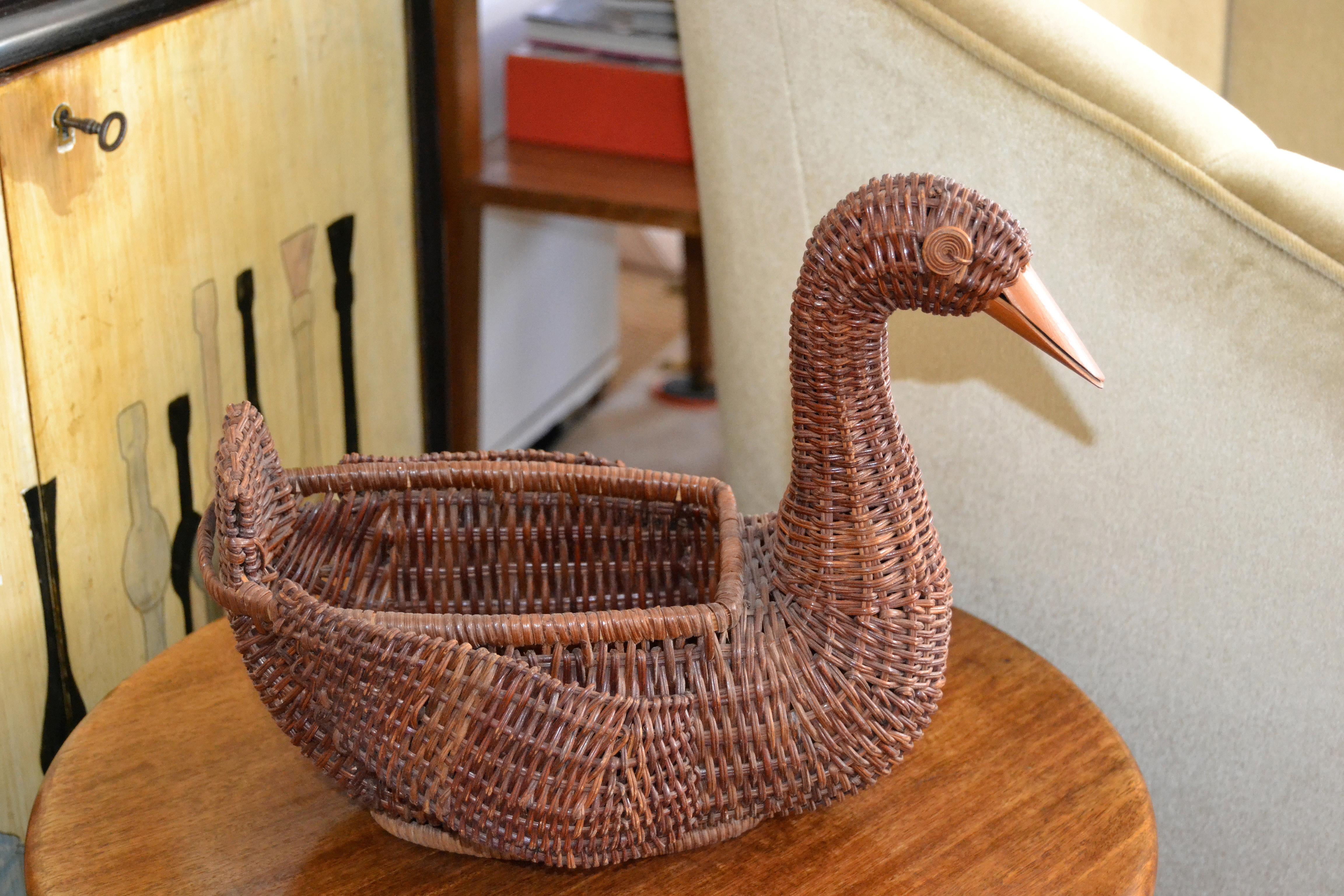 Boho Chic Decorative Handcrafted Woven Reed Brown Duck Basket, Animal Sculpture  1