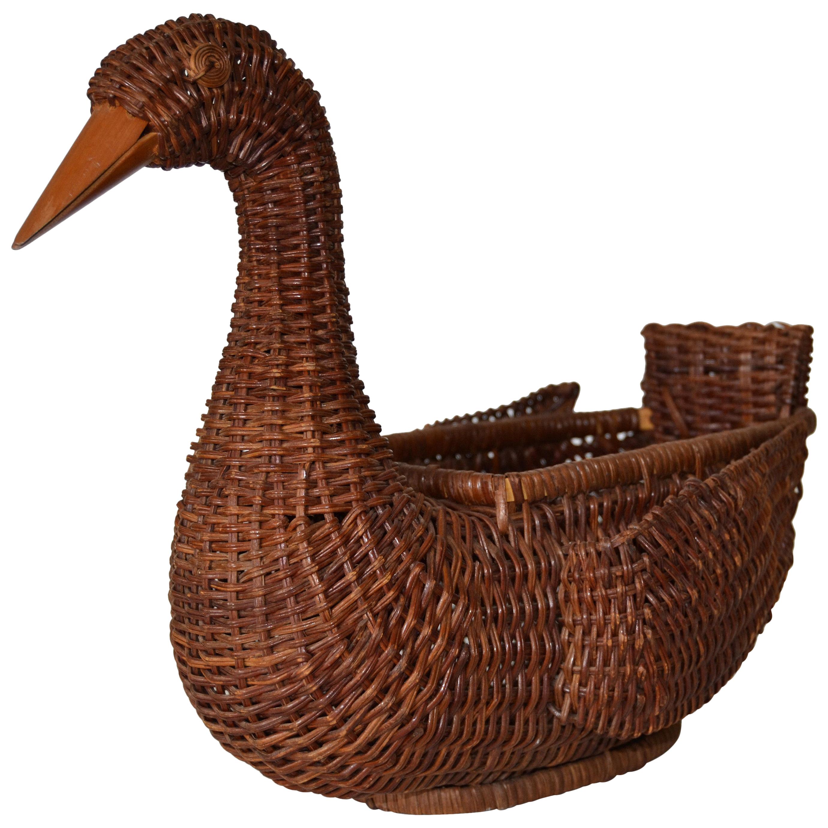 Boho Chic Decorative Handcrafted Woven Reed Brown Duck Basket, Animal Sculpture 