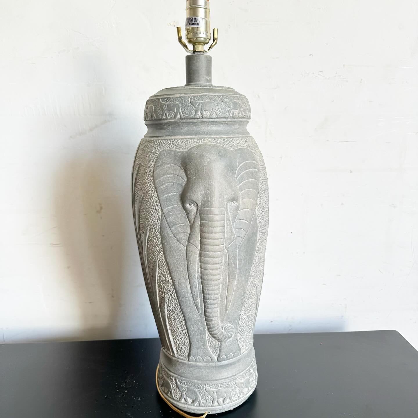 Boho Chic Elephant Etched Ceramic Table Lamp In Good Condition In Delray Beach, FL
