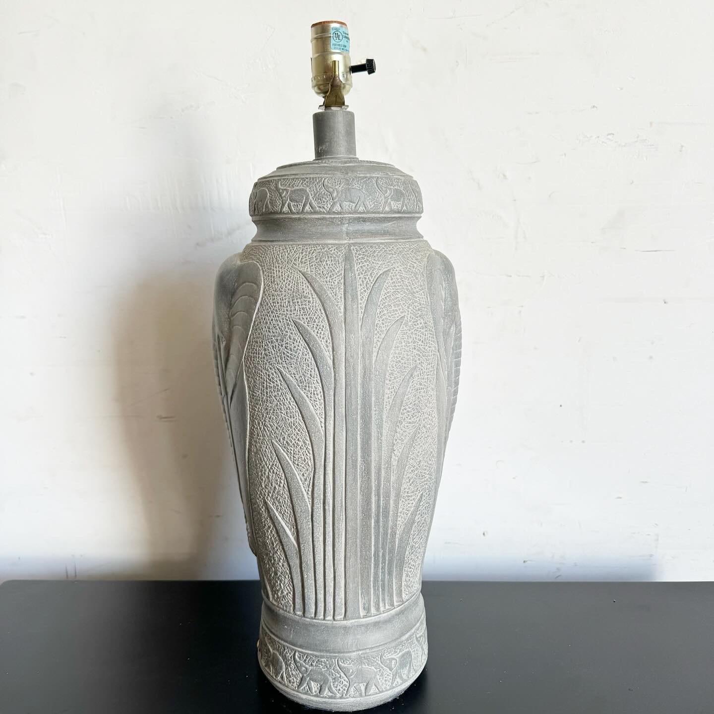 Late 20th Century Boho Chic Elephant Etched Ceramic Table Lamp