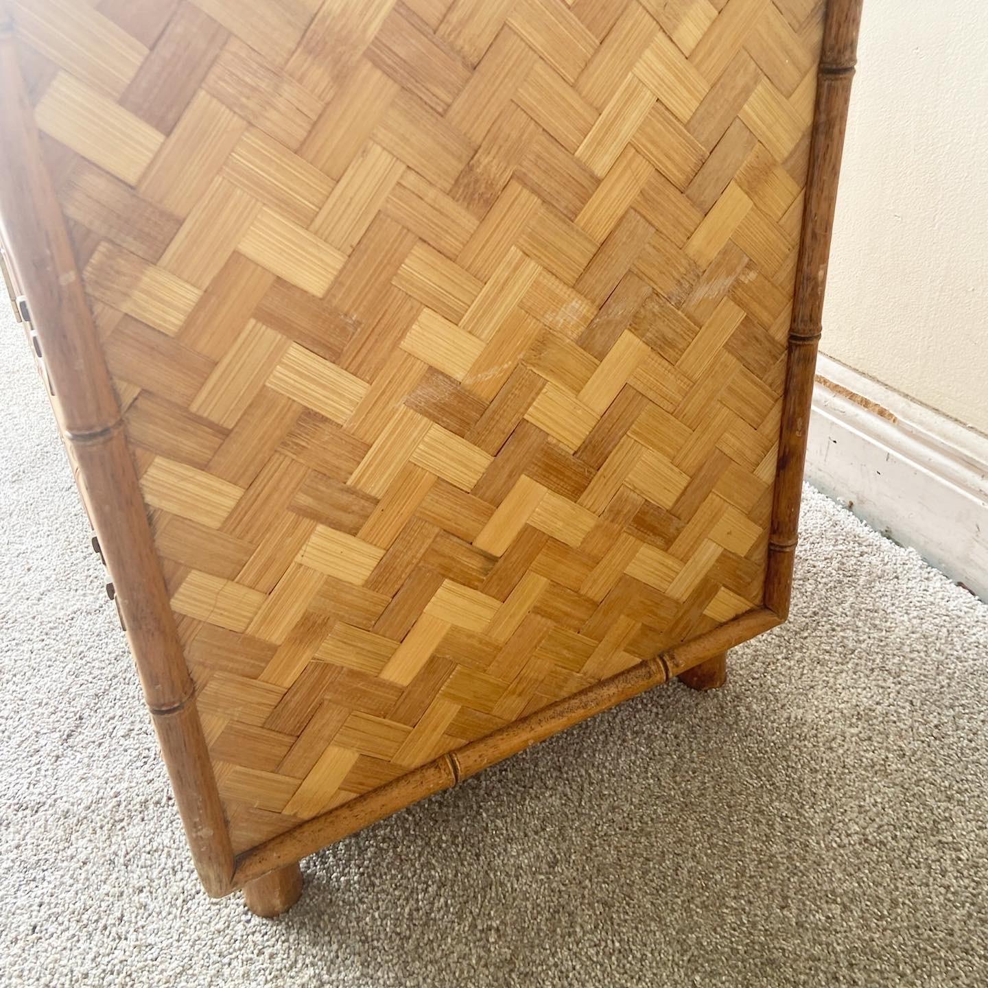 Boho Chic Faux Bamboo and Herringbone Chest Cabinet For Sale 4