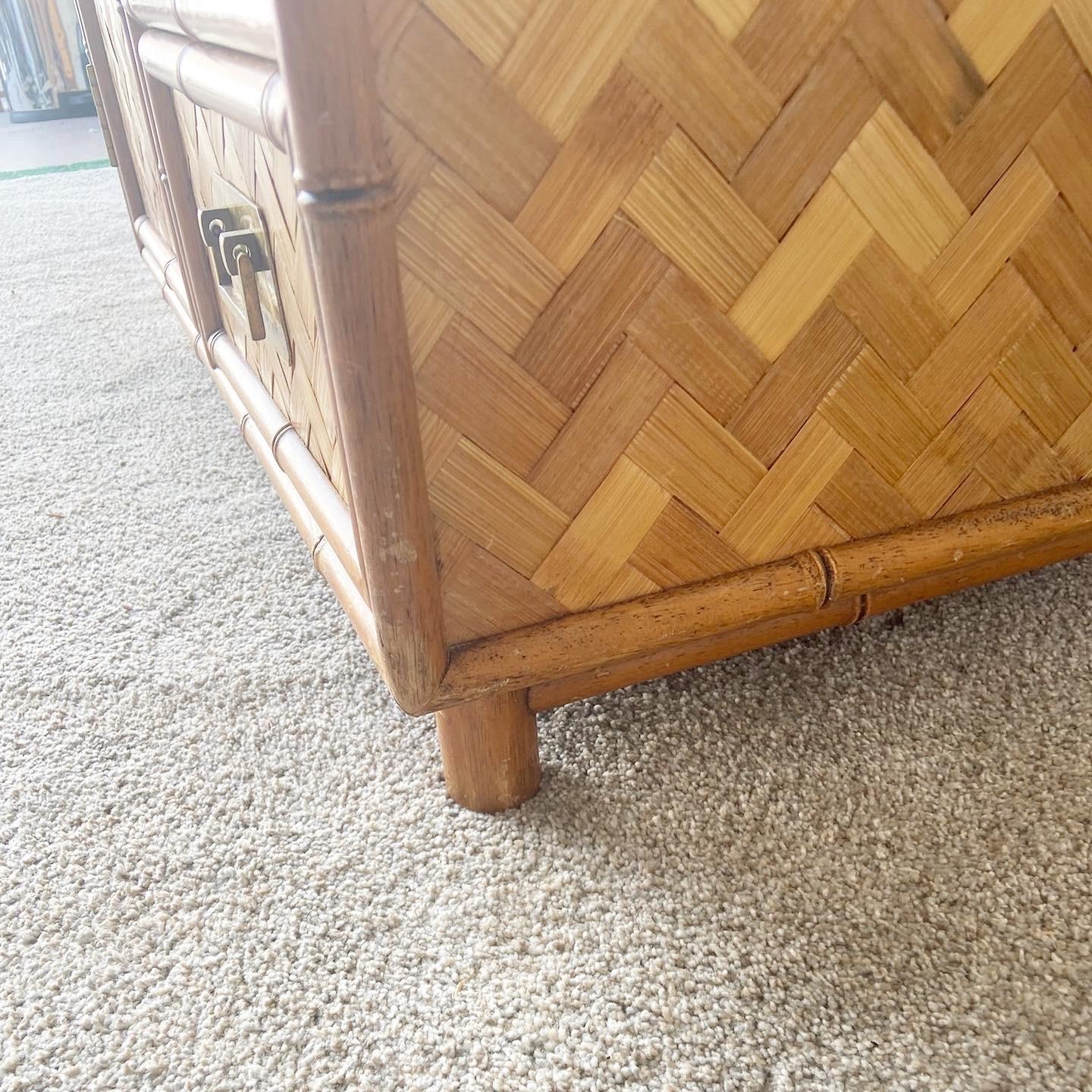 Boho Chic Faux Bamboo and Herringbone Chest Cabinet For Sale 5