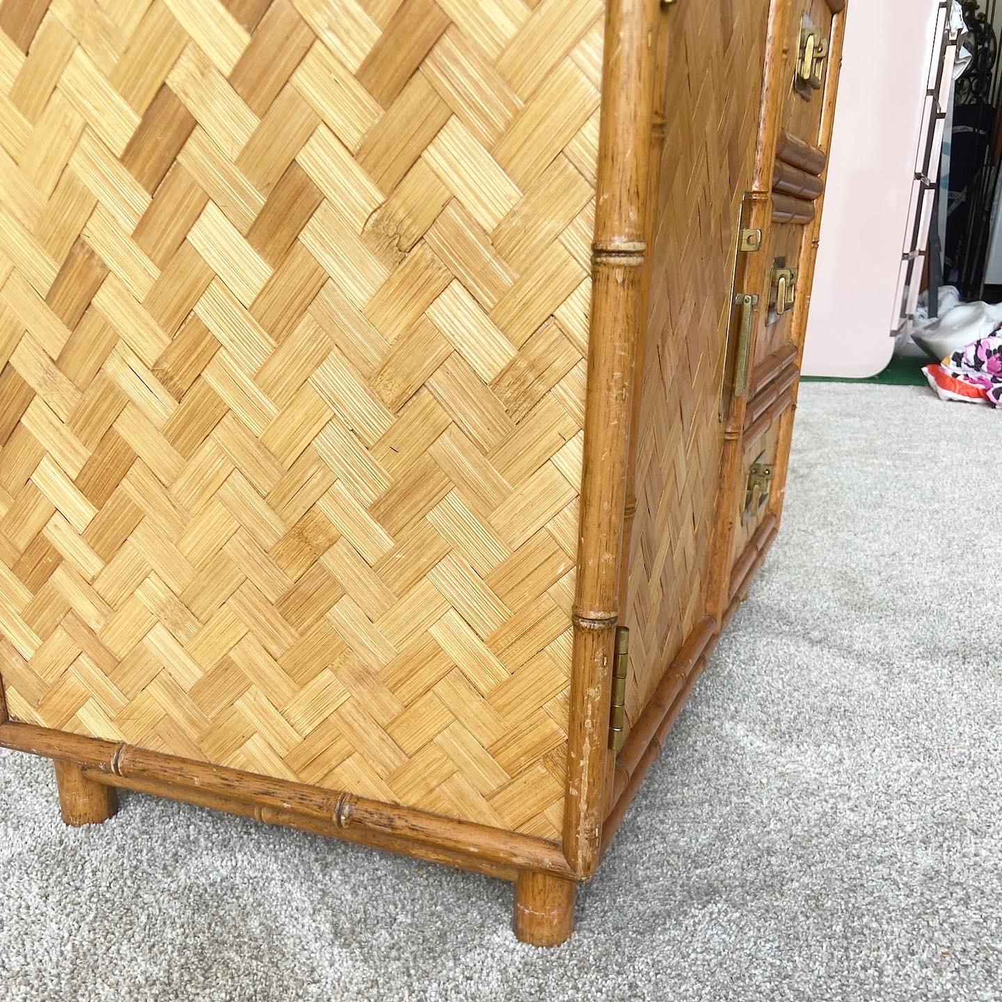 Boho Chic Faux Bamboo and Herringbone Chest Cabinet For Sale 6