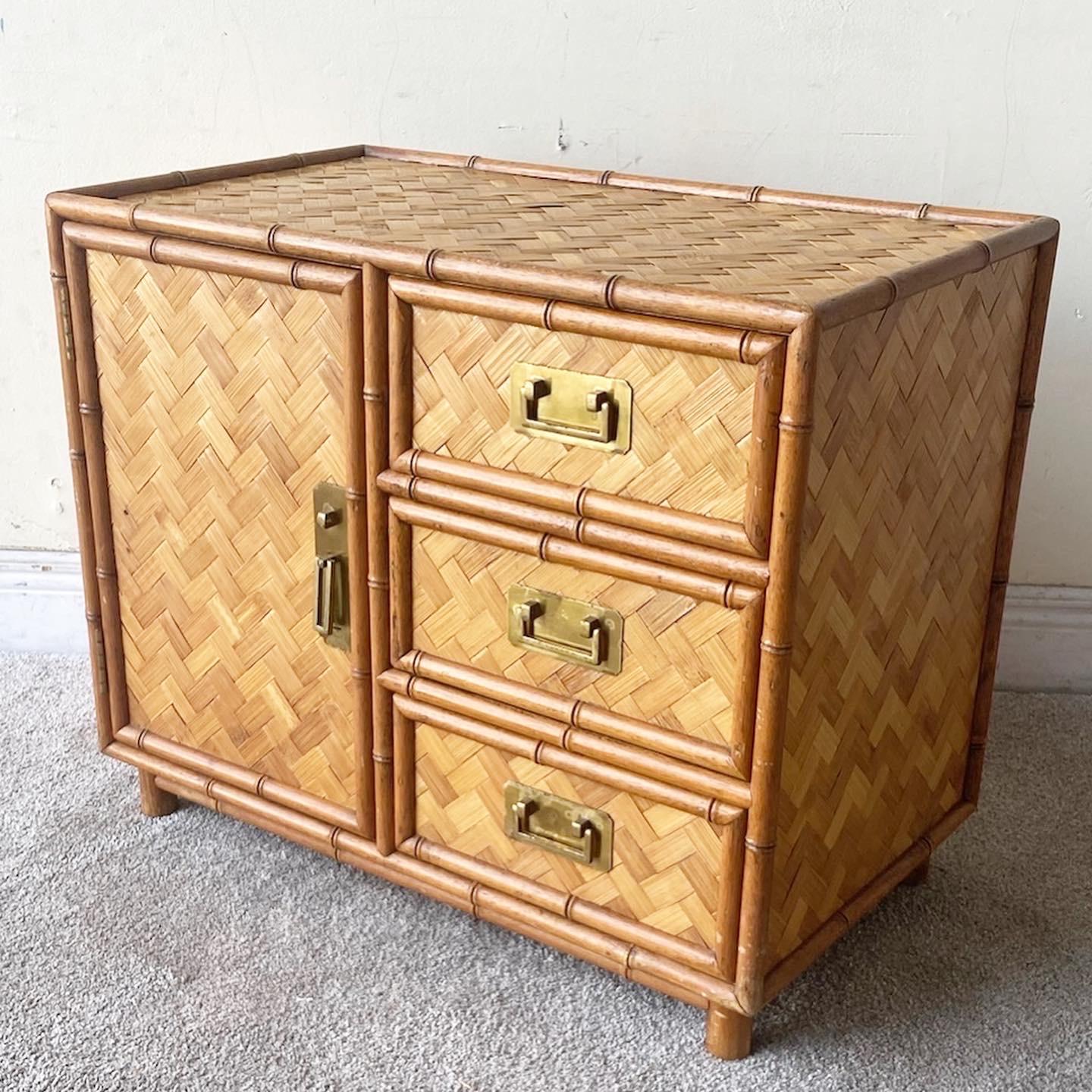 Bohemian Boho Chic Faux Bamboo and Herringbone Chest Cabinet For Sale
